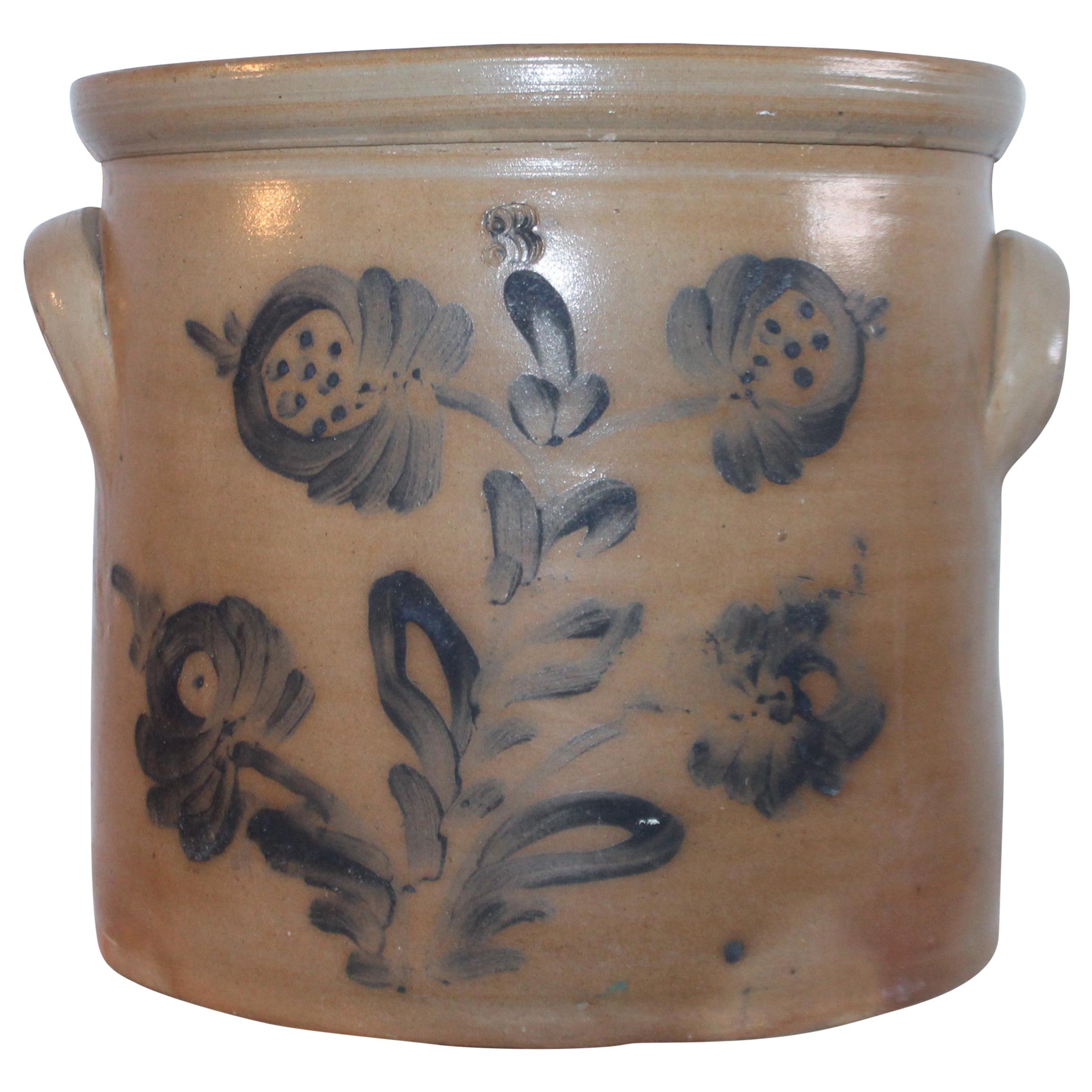 19th Century Decorated Stoneware Blue Decorated Crock For Sale