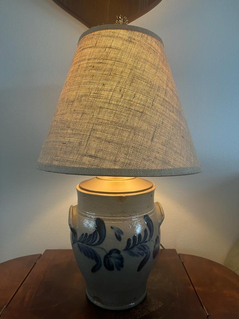19Thc Decorated Stoneware crock lamp made by  Cowden & Wilcox  in Harrisburg,Pennsylvania. This double handled crock is made into a lamp and newly wired with a custom made shade.