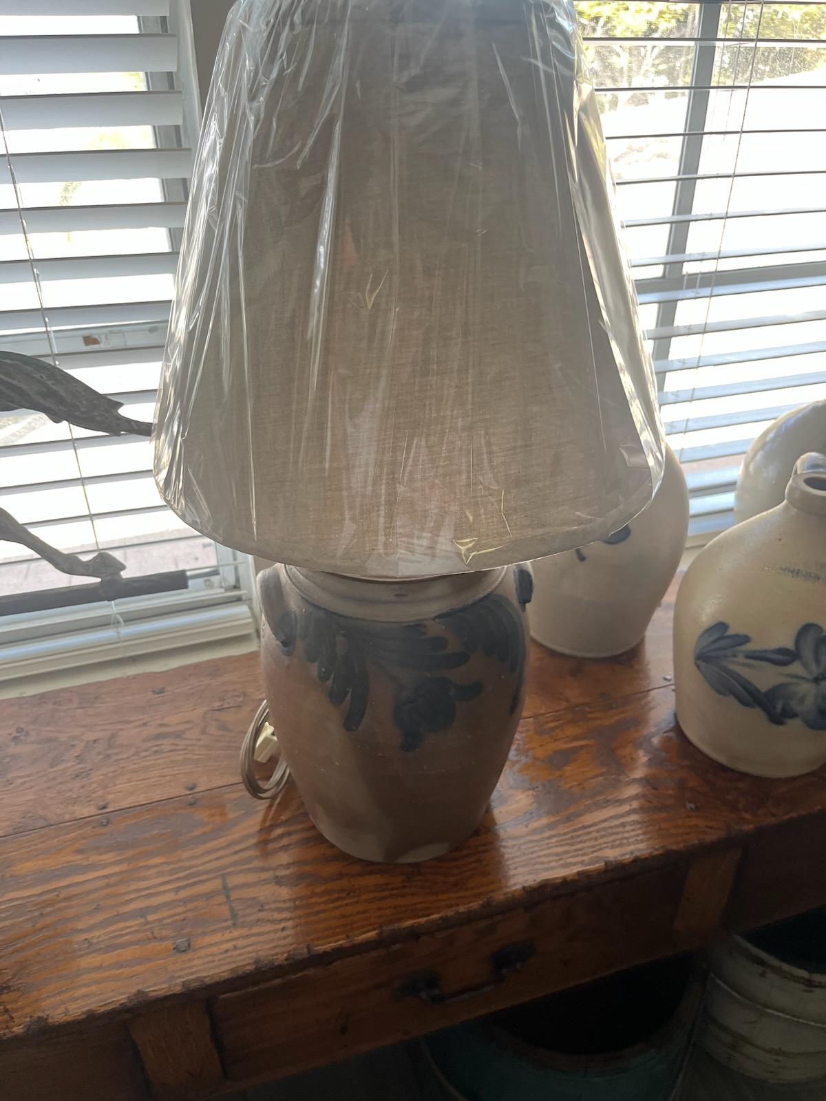 Adirondack 19thc Decorated Stoneware Crock Table Lamp For Sale