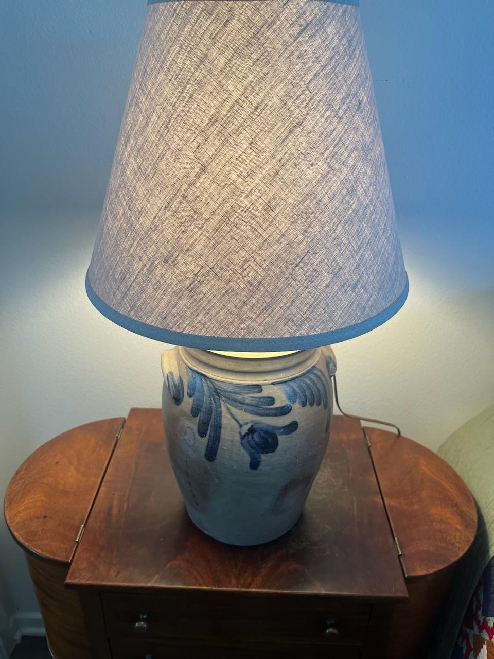 19th Century 19thc Decorated Stoneware Crock Table Lamp For Sale