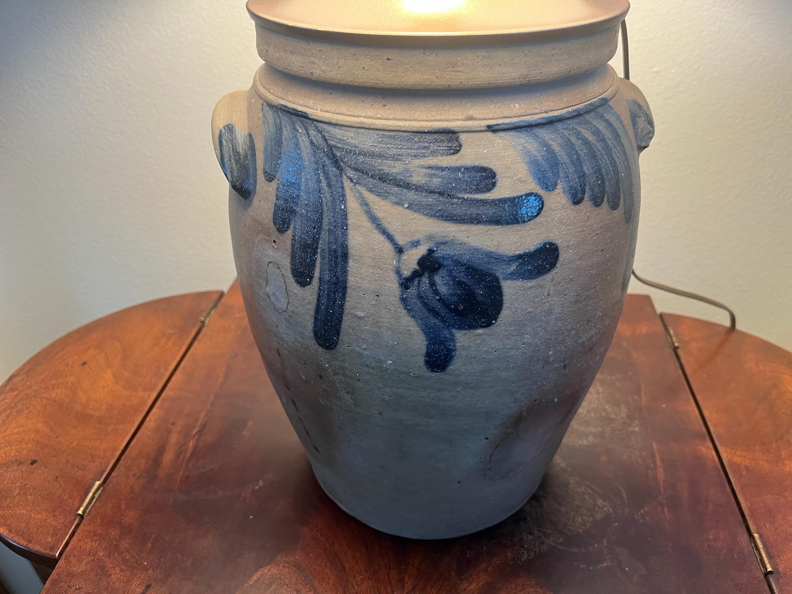 Brass 19thc Decorated Stoneware Crock Table Lamp For Sale