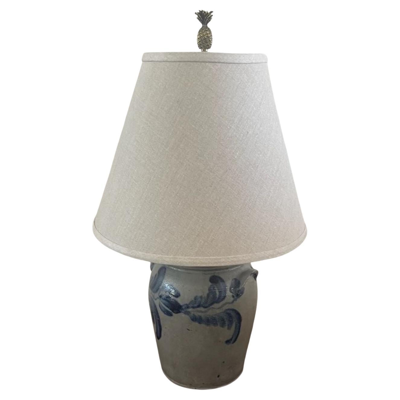 19thc Decorated Stoneware Crock Table Lamp
