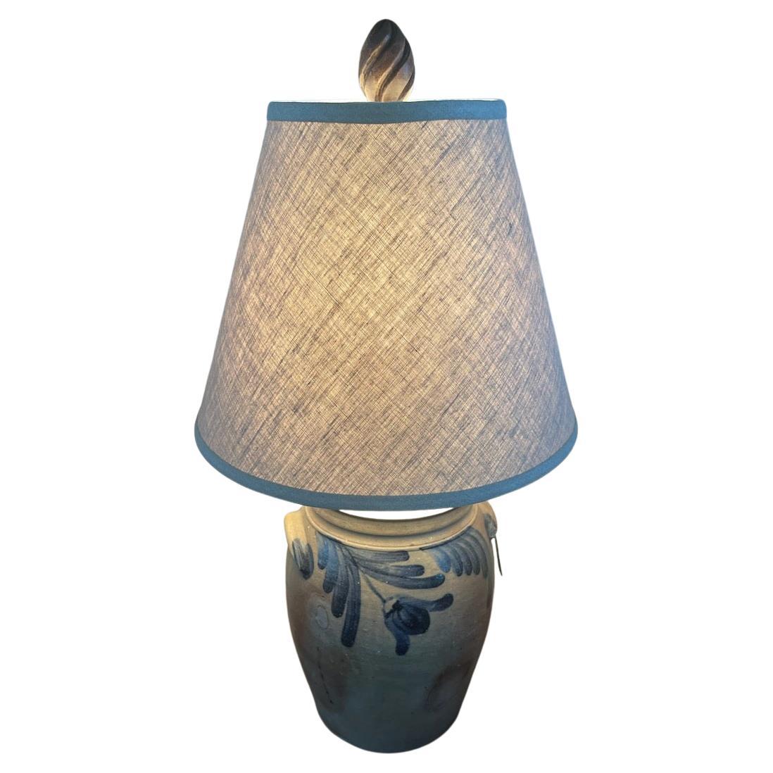 19thc Decorated Stoneware Crock Table Lamp For Sale
