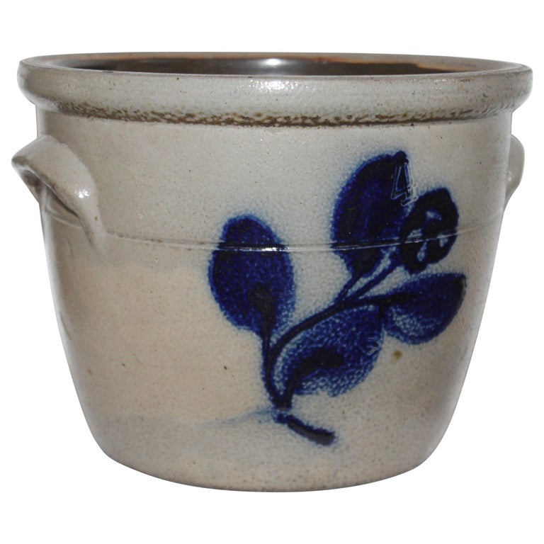 19th Century Decorated Stoneware Crock with Handles For Sale at 1stDibs