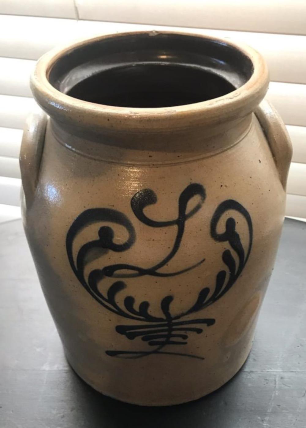 19th century original blue salt glazed decorated stoneware. This open crock is great for flowers. This decorated salt glaze crock is in fine condition. Super rare and very hard to find personalized crocks with your initial on the front of the crock.
