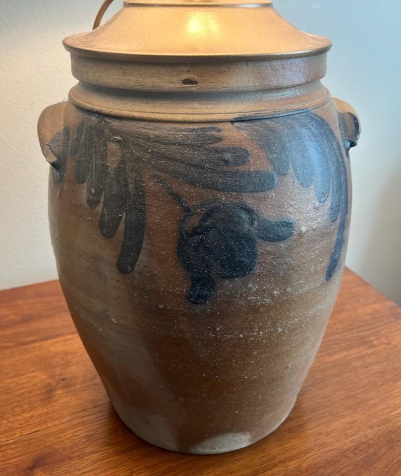 19Thc Decorated stoneware handmade crock from Pennsylvania in fine condition with double handles.This lamp has been newly wired & custom made linen shade.
