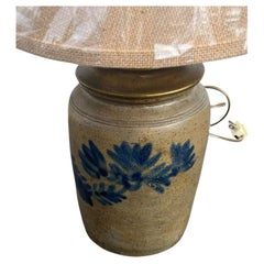 19Thc Decorated Stoneware Lamp W/ Linen Shade
