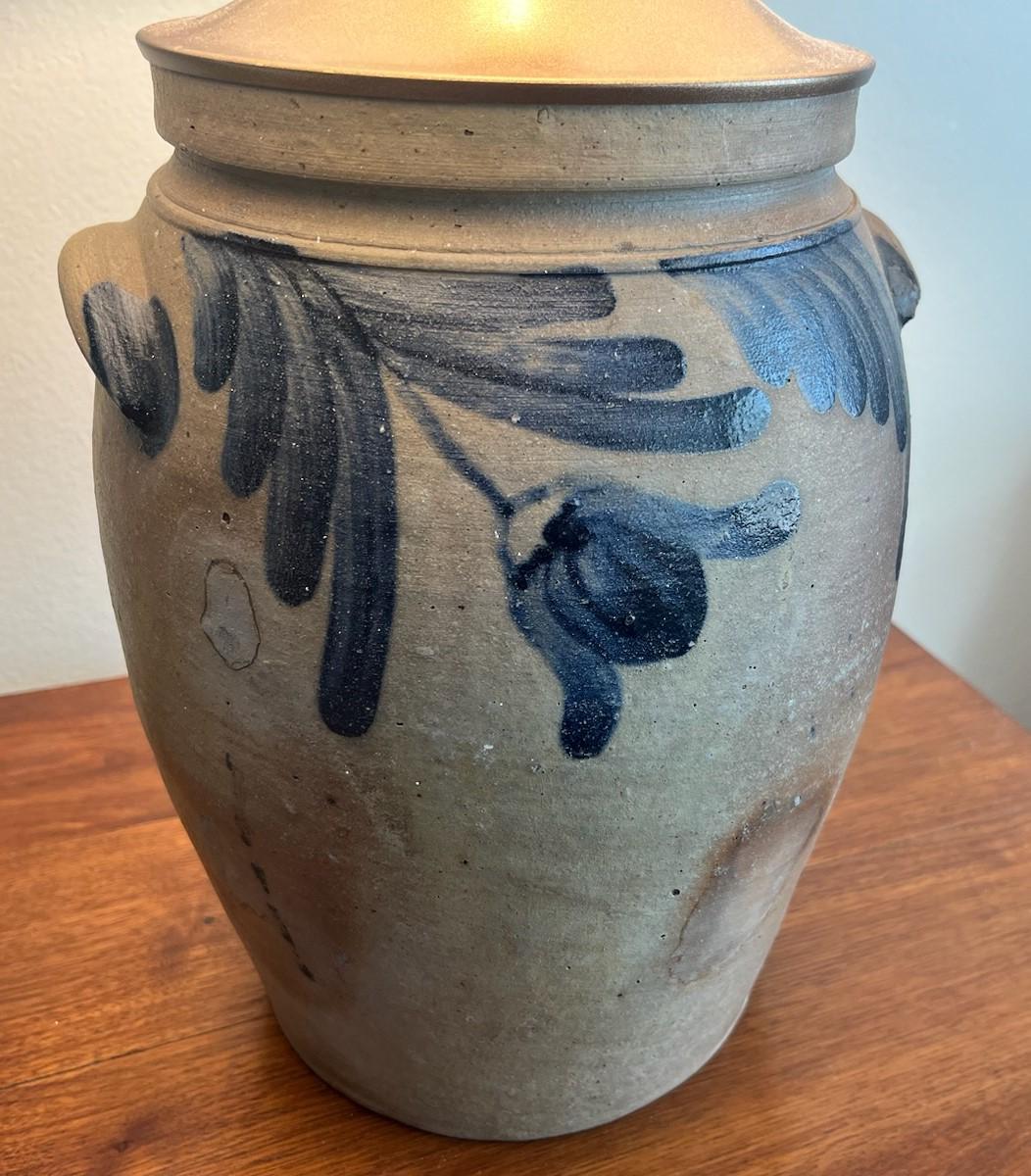 American 19Thc Decorated Stoneware Lamp W/Linen Shade For Sale