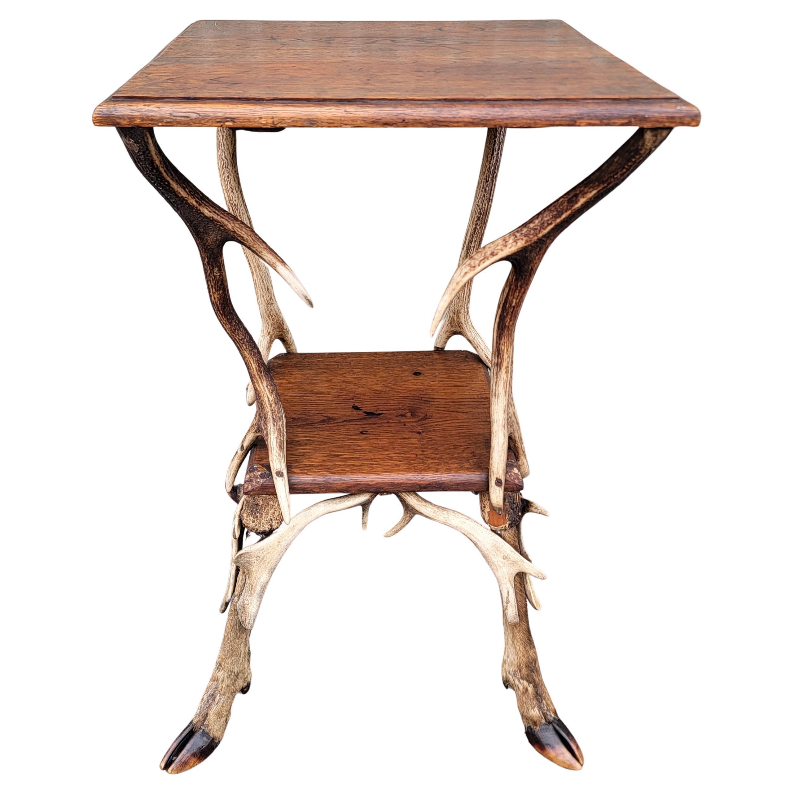 19Thc Deer Antler & Oak Folk Art Table From a Ranch 4