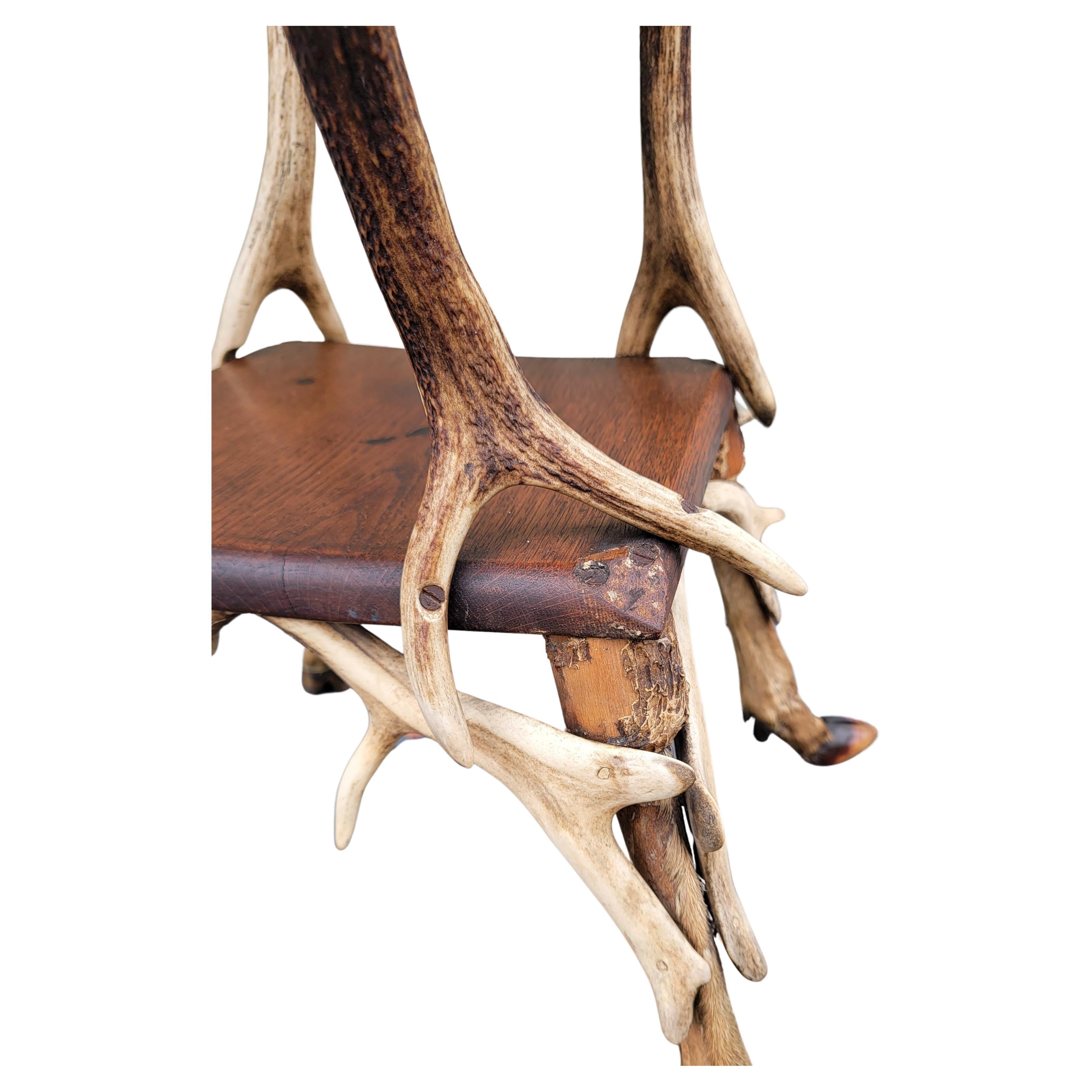 19Thc Deer Antler & Oak Folk Art Table From a Ranch 2