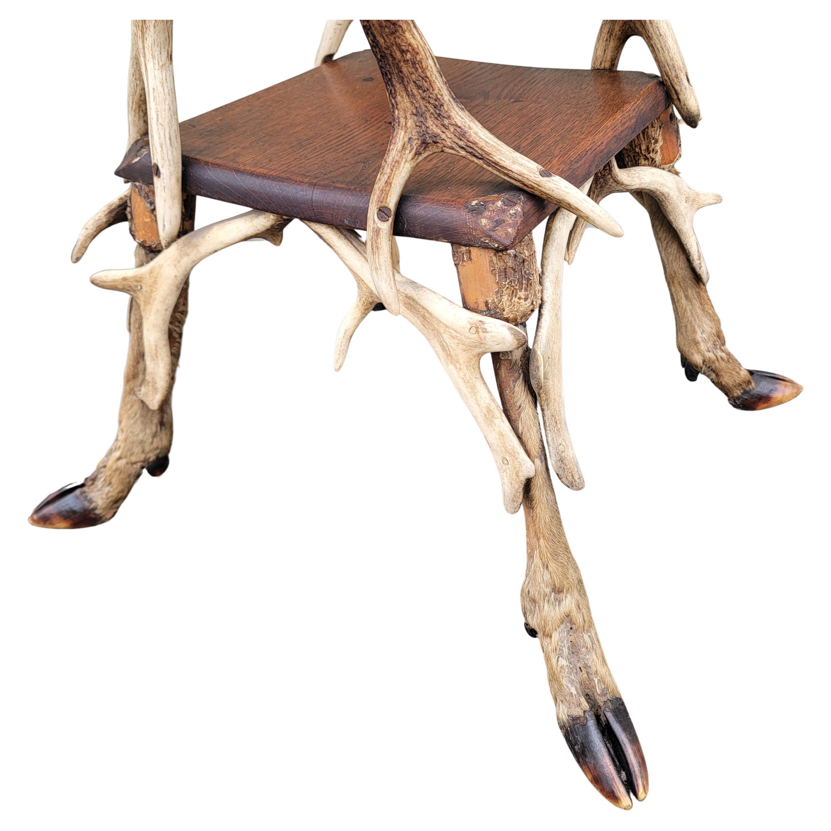 19Thc Deer Antler & Oak Folk Art Table From a Ranch 3