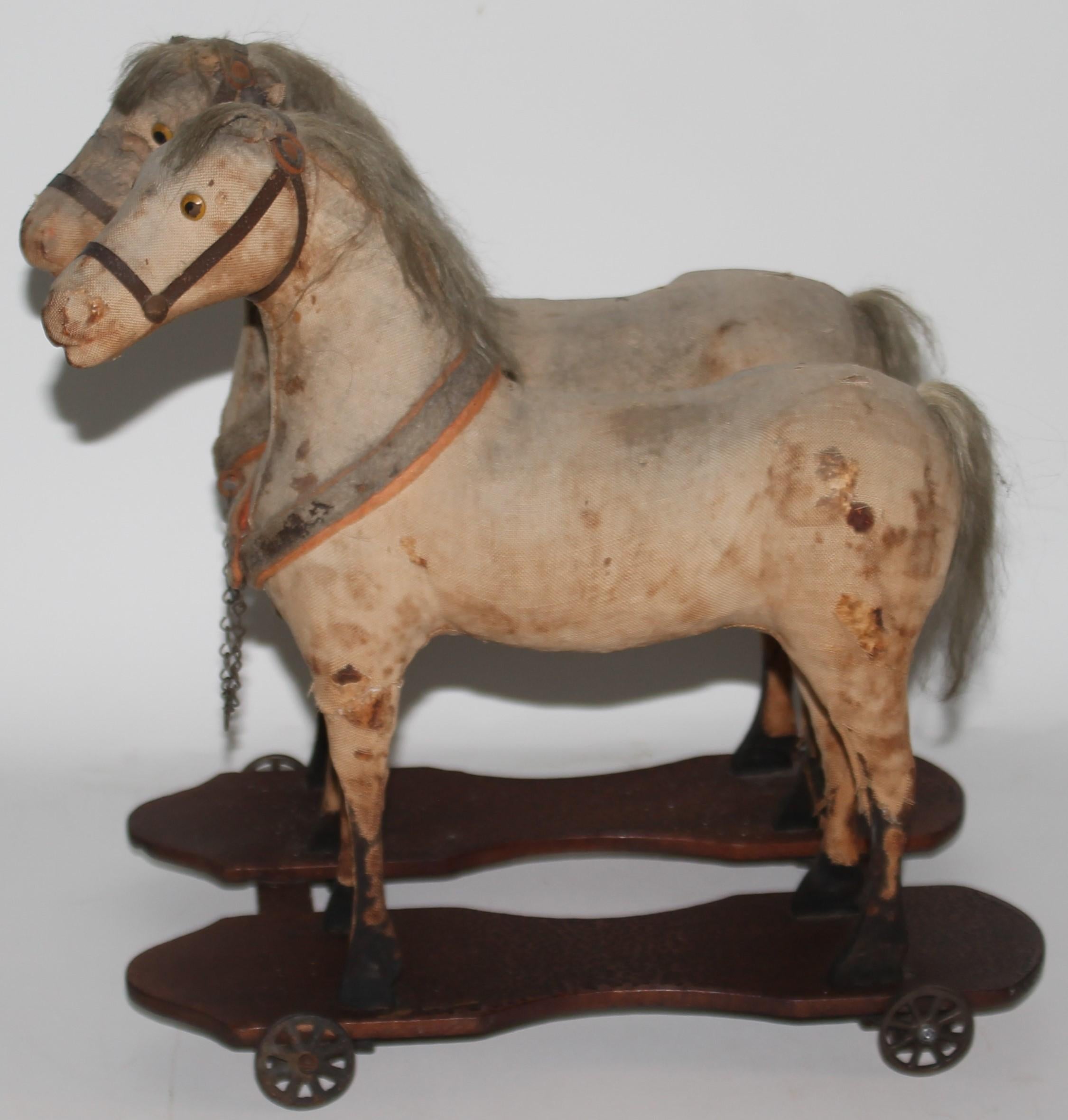 19th Century 19thC Double Horse Pull Toy on Iron Wheels For Sale