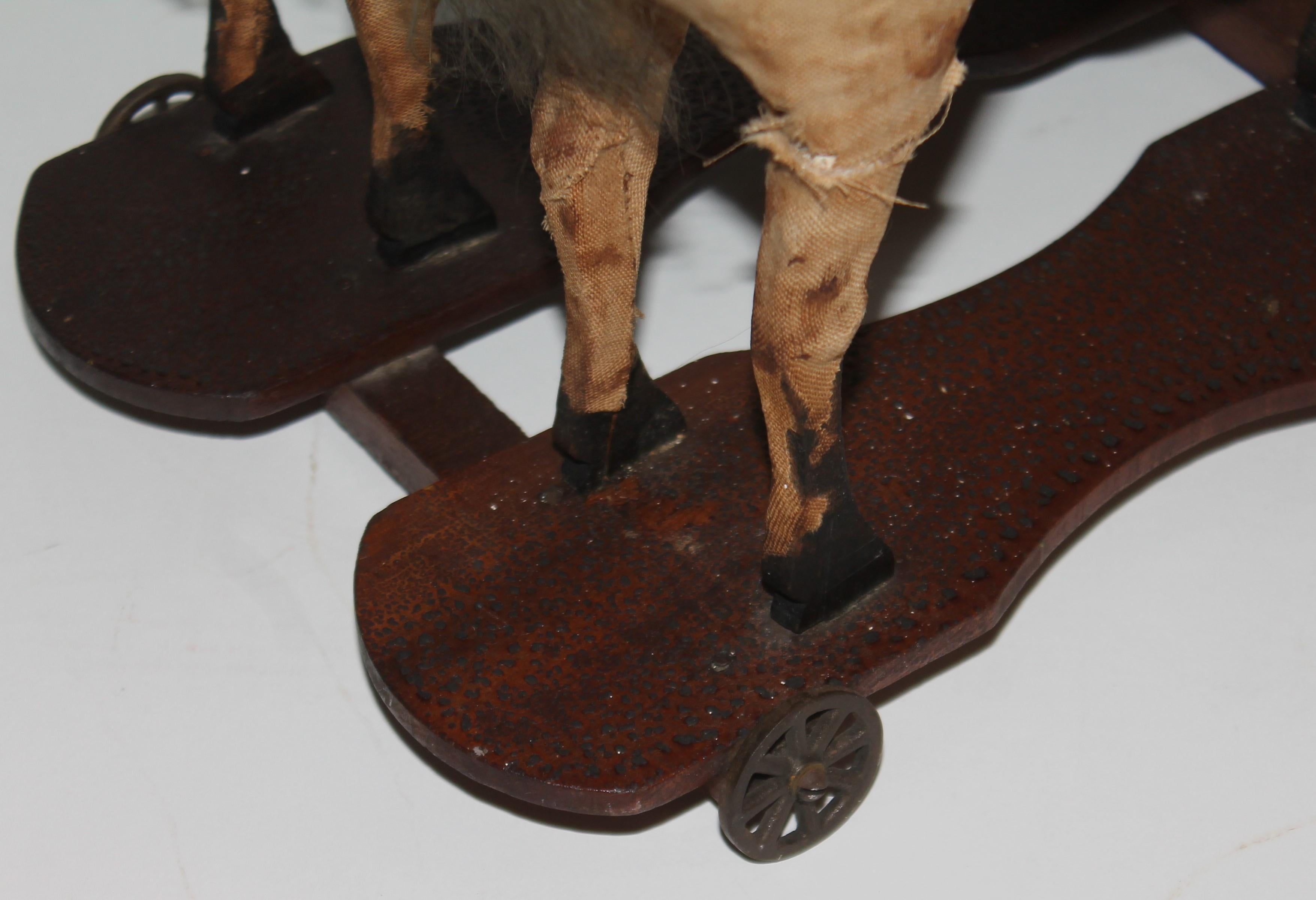 19thC Double Horse Pull Toy on Iron Wheels For Sale 2