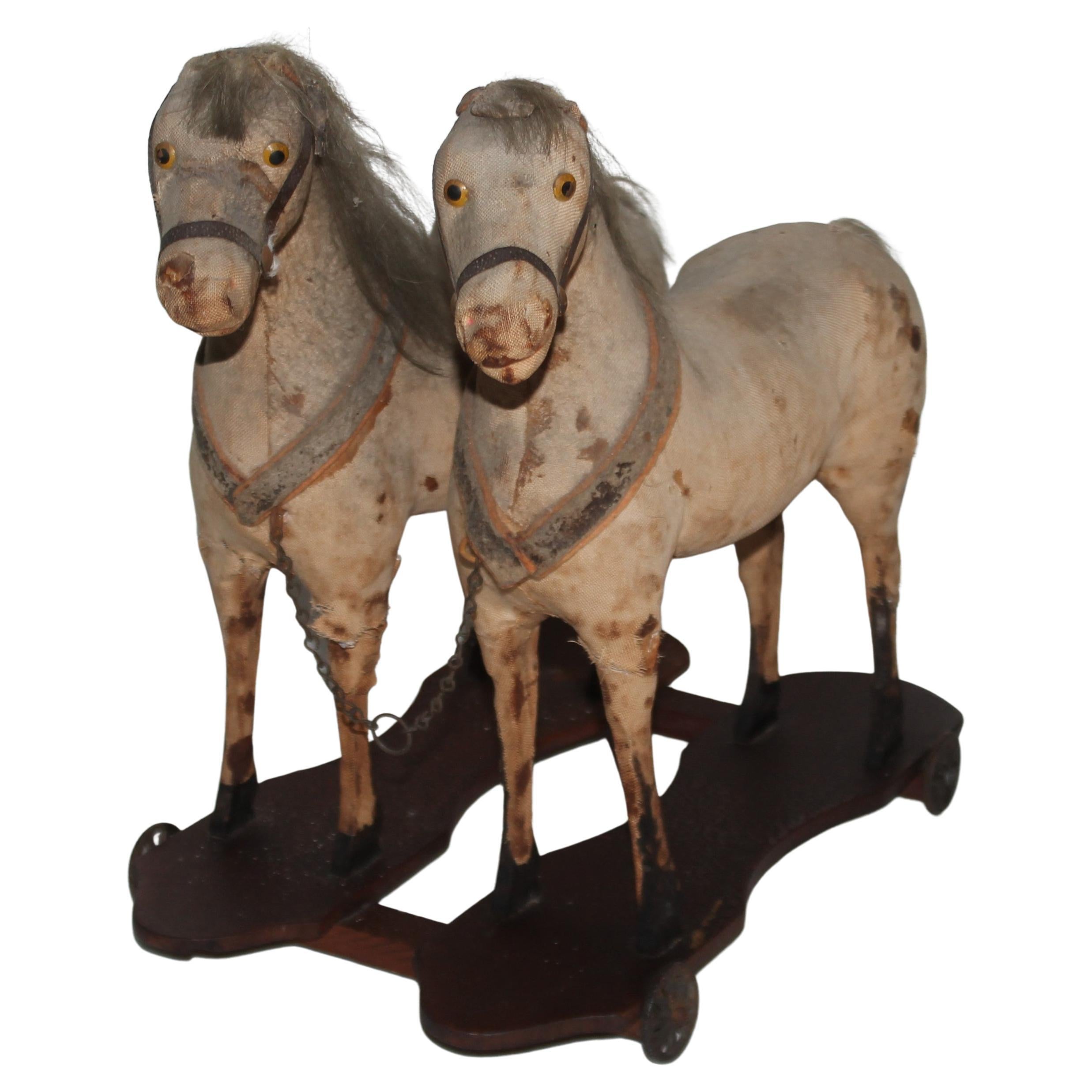 19thC Double Horse Pull Toy on Iron Wheels For Sale