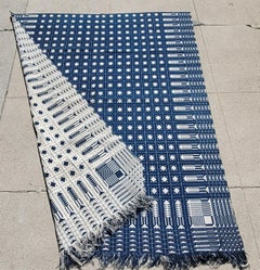 19thc Double Weave Blue & White Fringed Coverlet