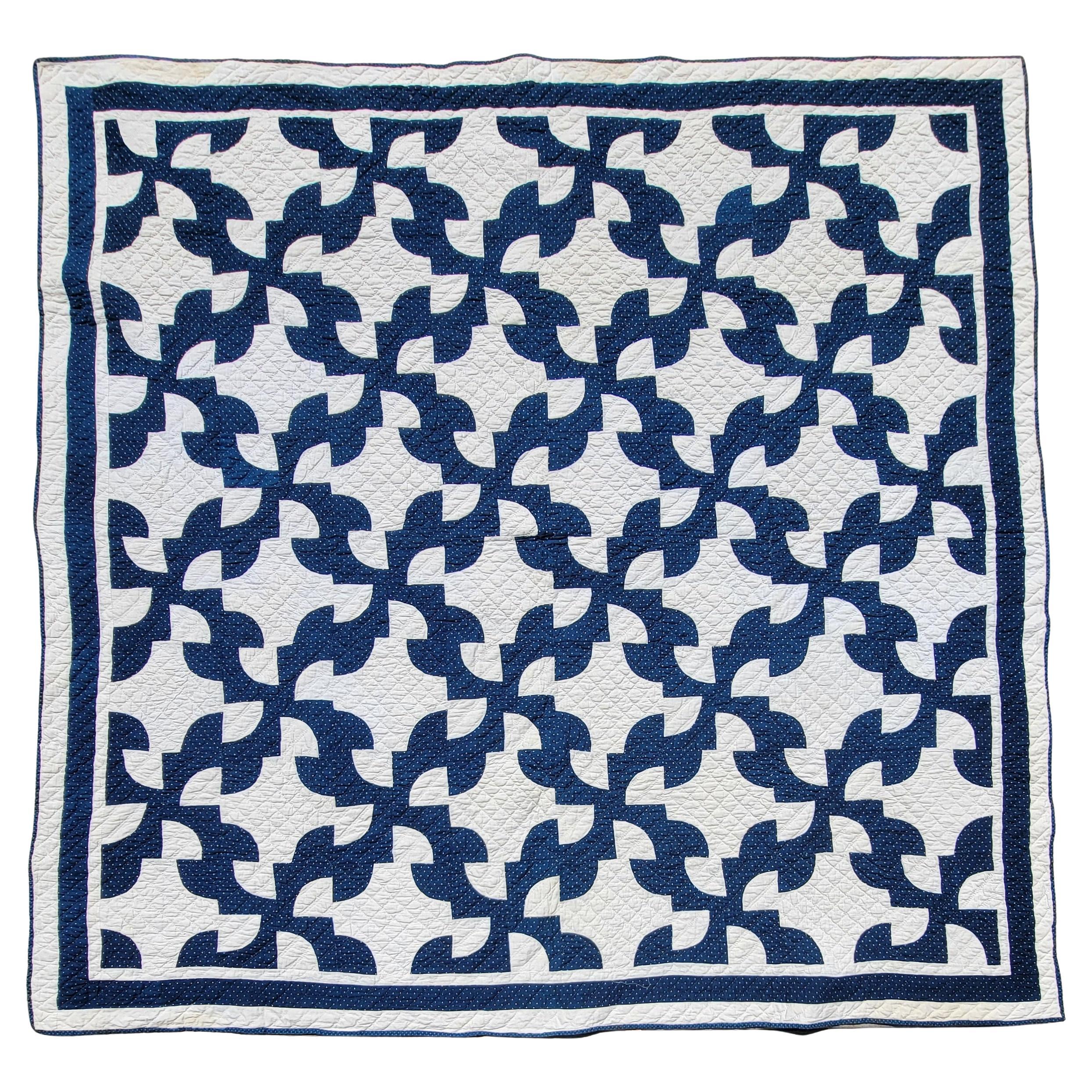 19thc Drunkards Path Blue & White Quilt
