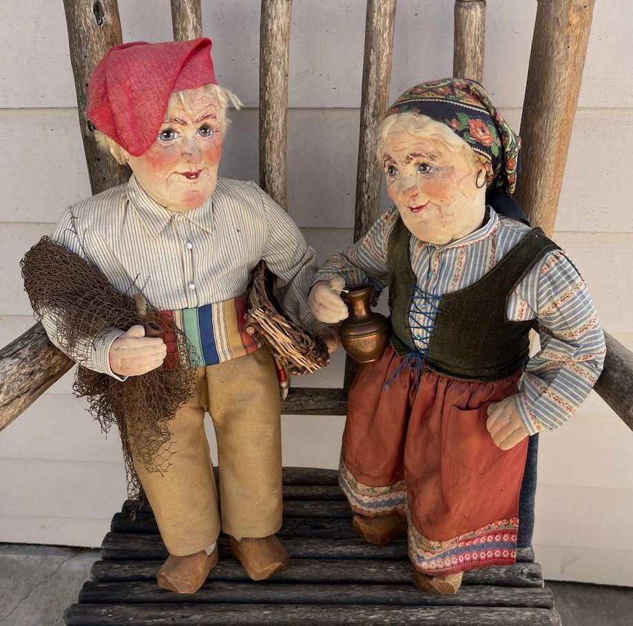 These amazing 19th c fabric dolls are in amazing condition. These Dutch dolls have the original wood shoes /clogs. These dolls are so wonderful and undisturbed clothing.