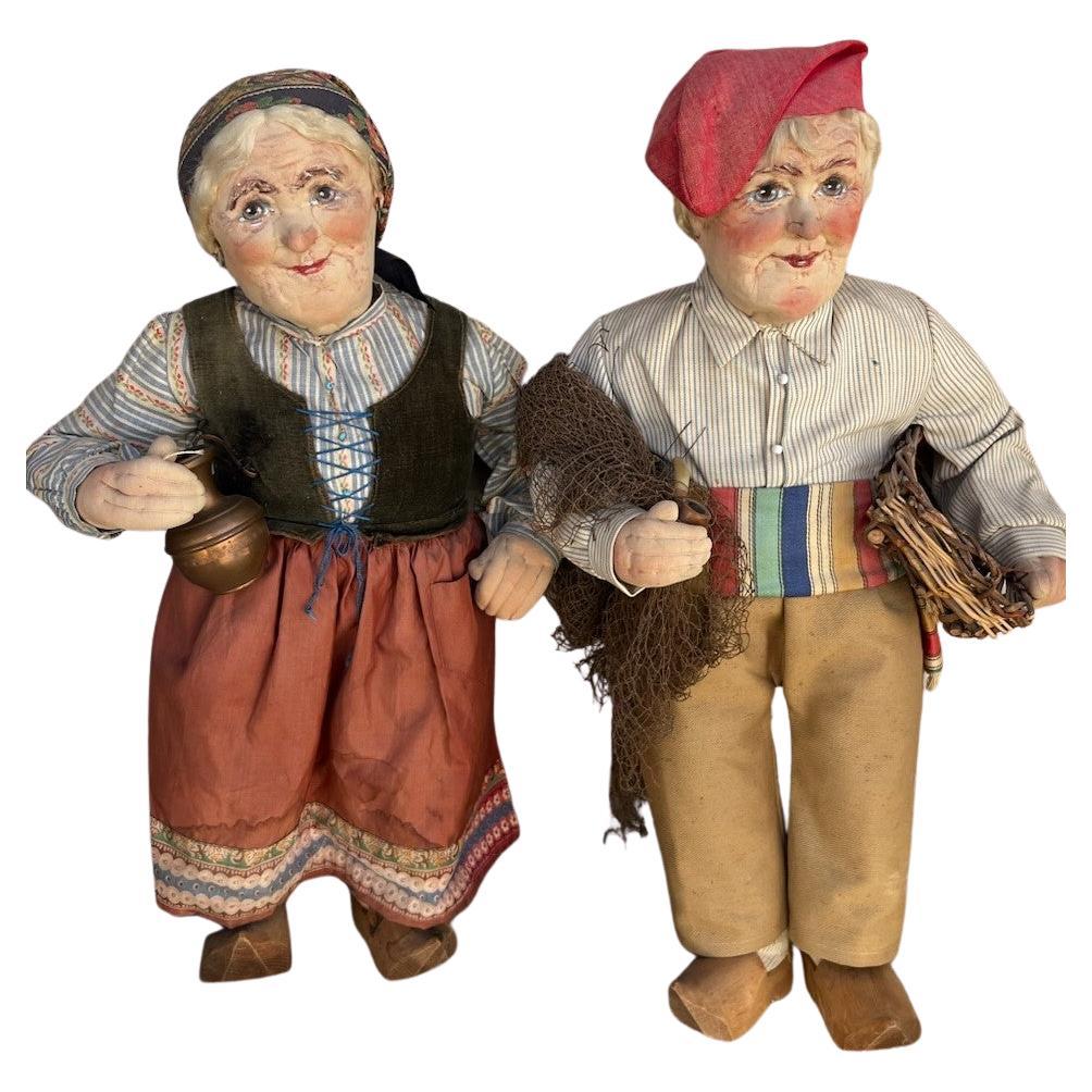 19th C Dutch Fabric Dolls- Man & Women