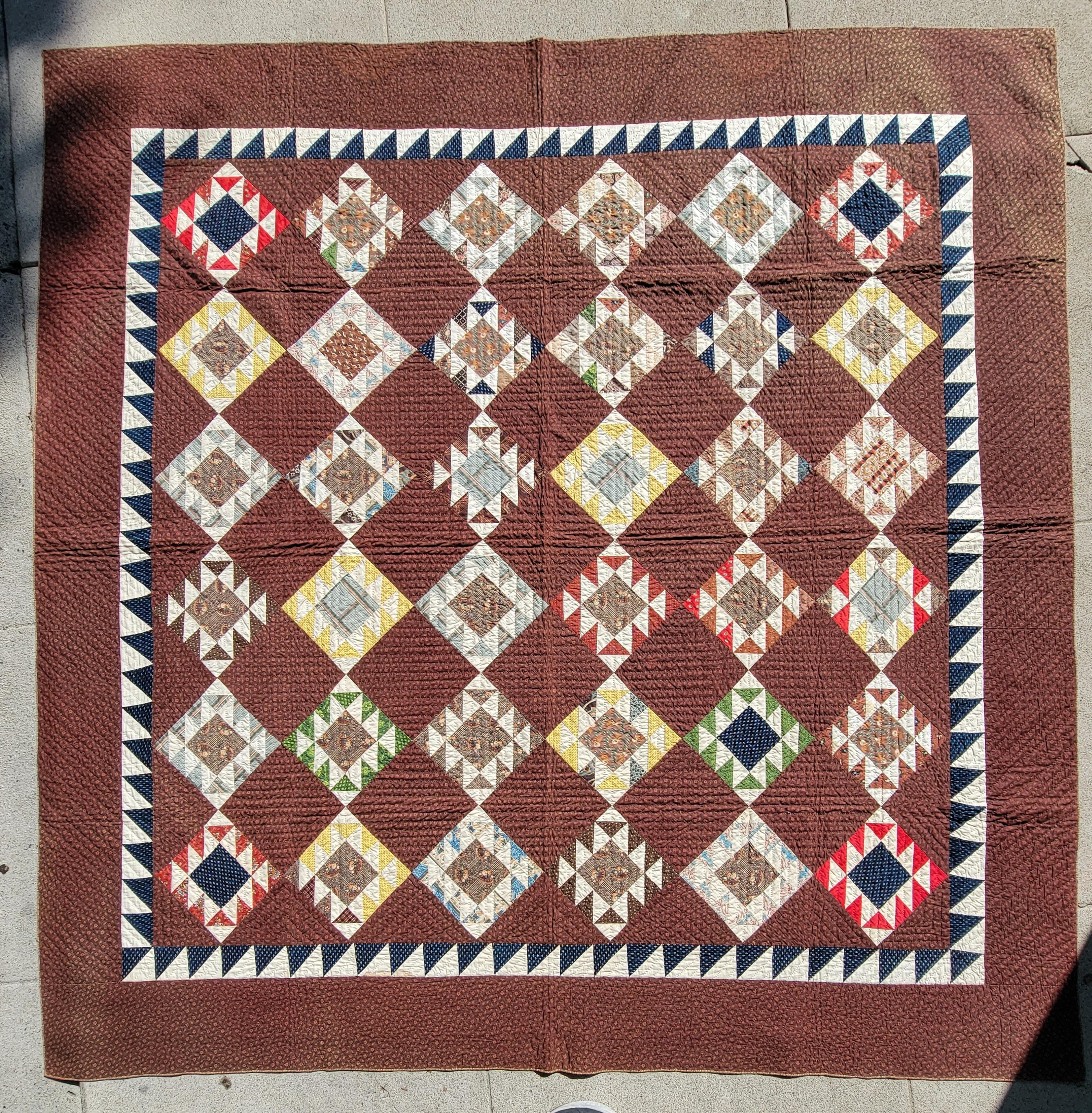 19th Century Early Browns Calico Shoe Fly Quilt For Sale 2