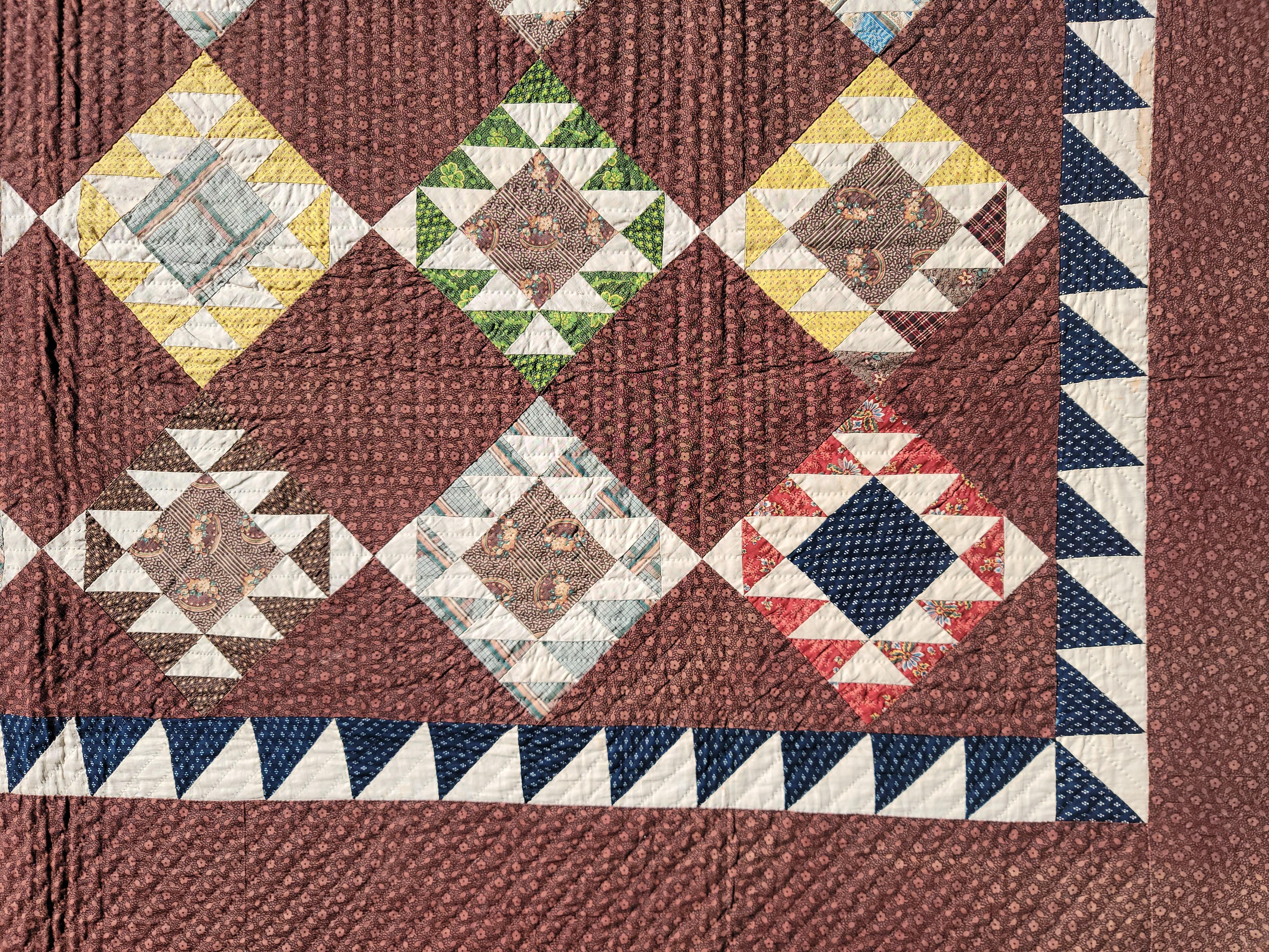 Adirondack 19th Century Early Browns Calico Shoe Fly Quilt For Sale