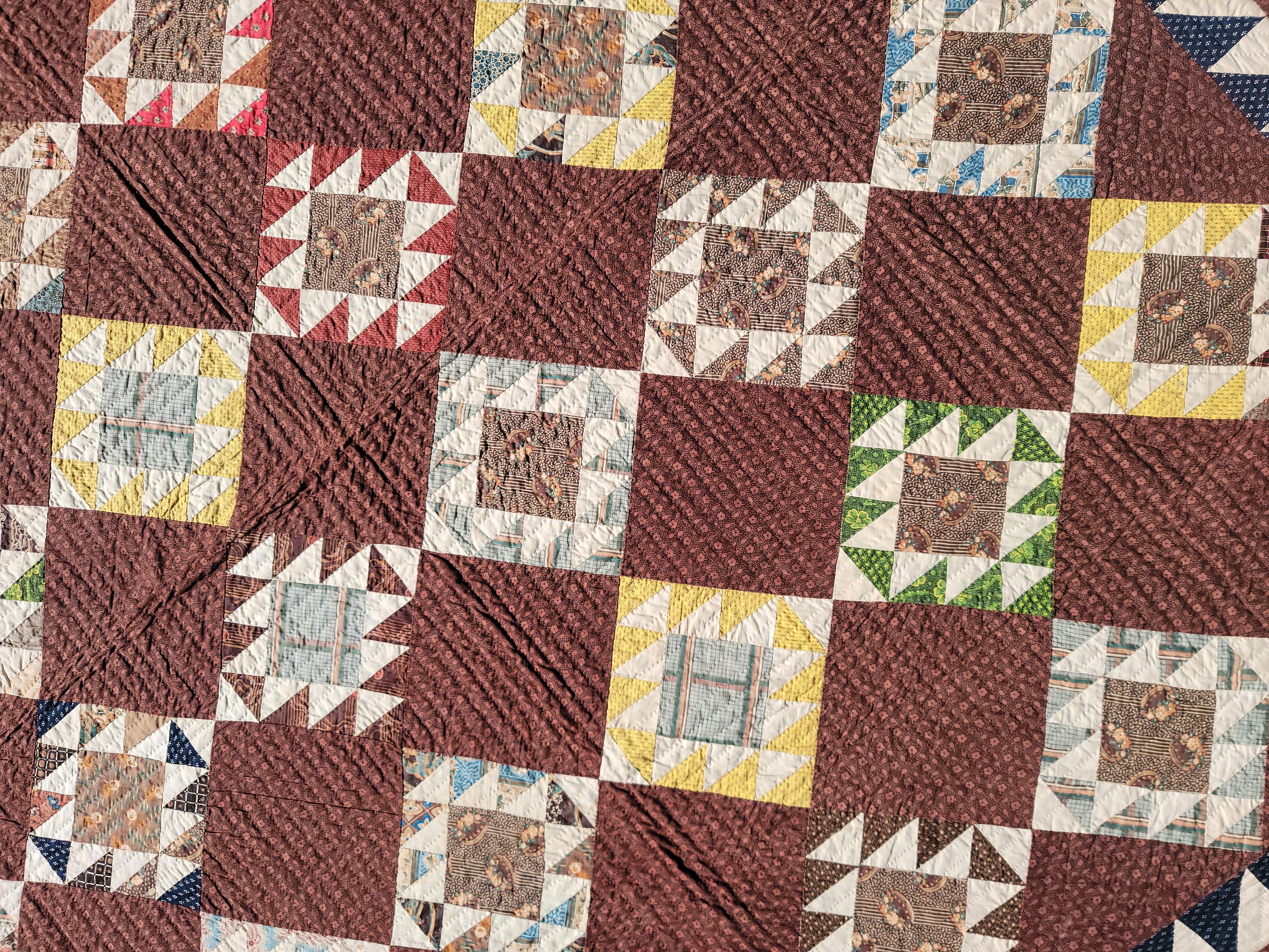 American 19th Century Early Browns Calico Shoe Fly Quilt For Sale