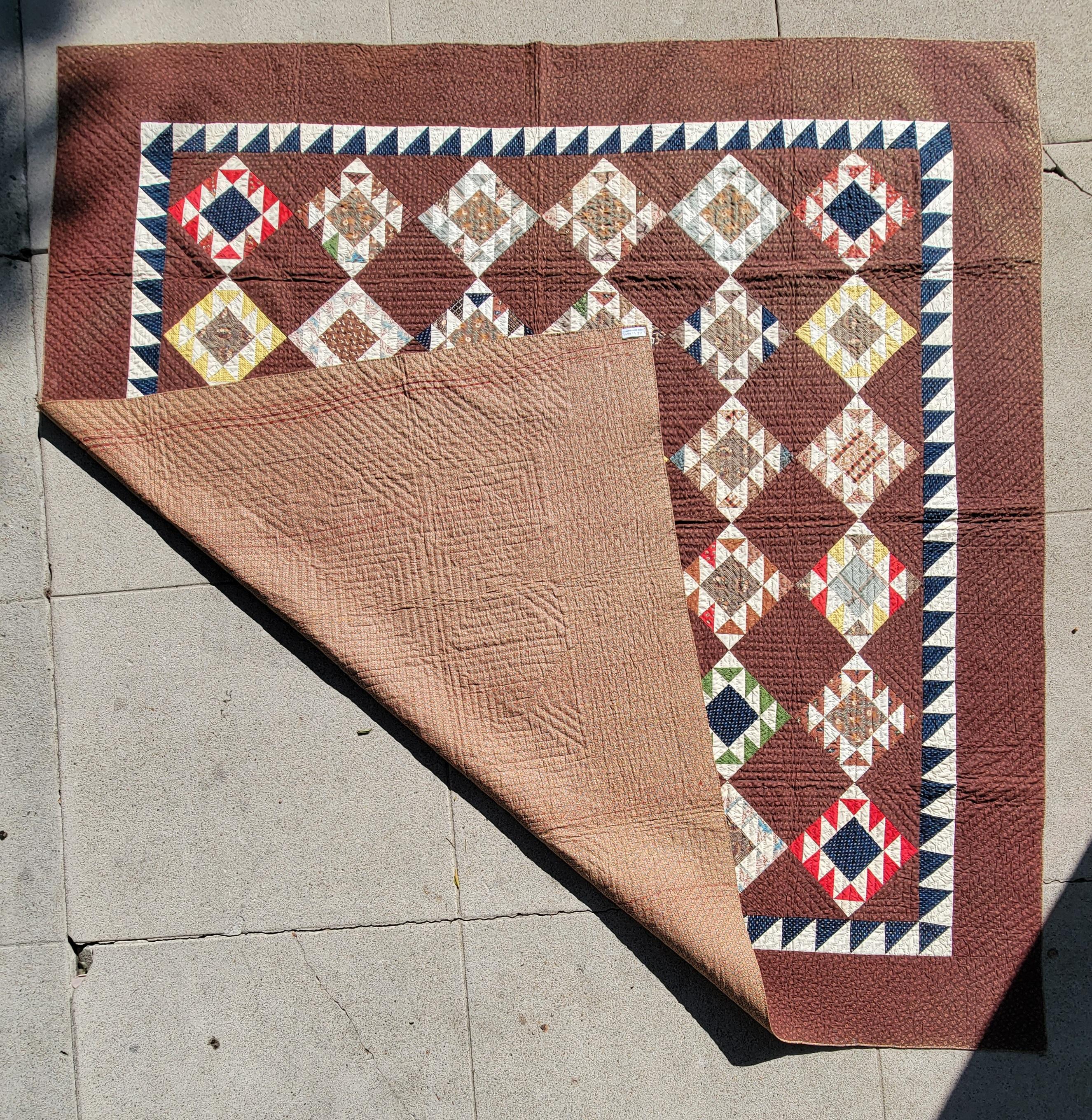 Hand-Crafted 19th Century Early Browns Calico Shoe Fly Quilt For Sale