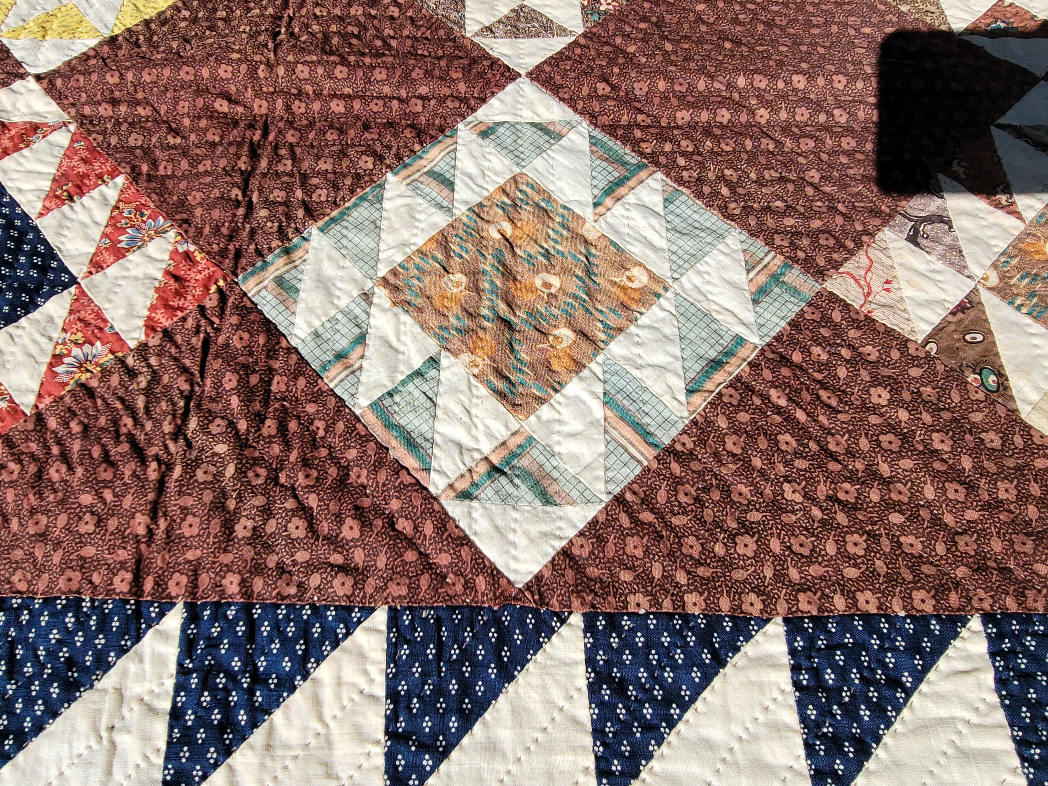 19th Century Early Browns Calico Shoe Fly Quilt For Sale 1