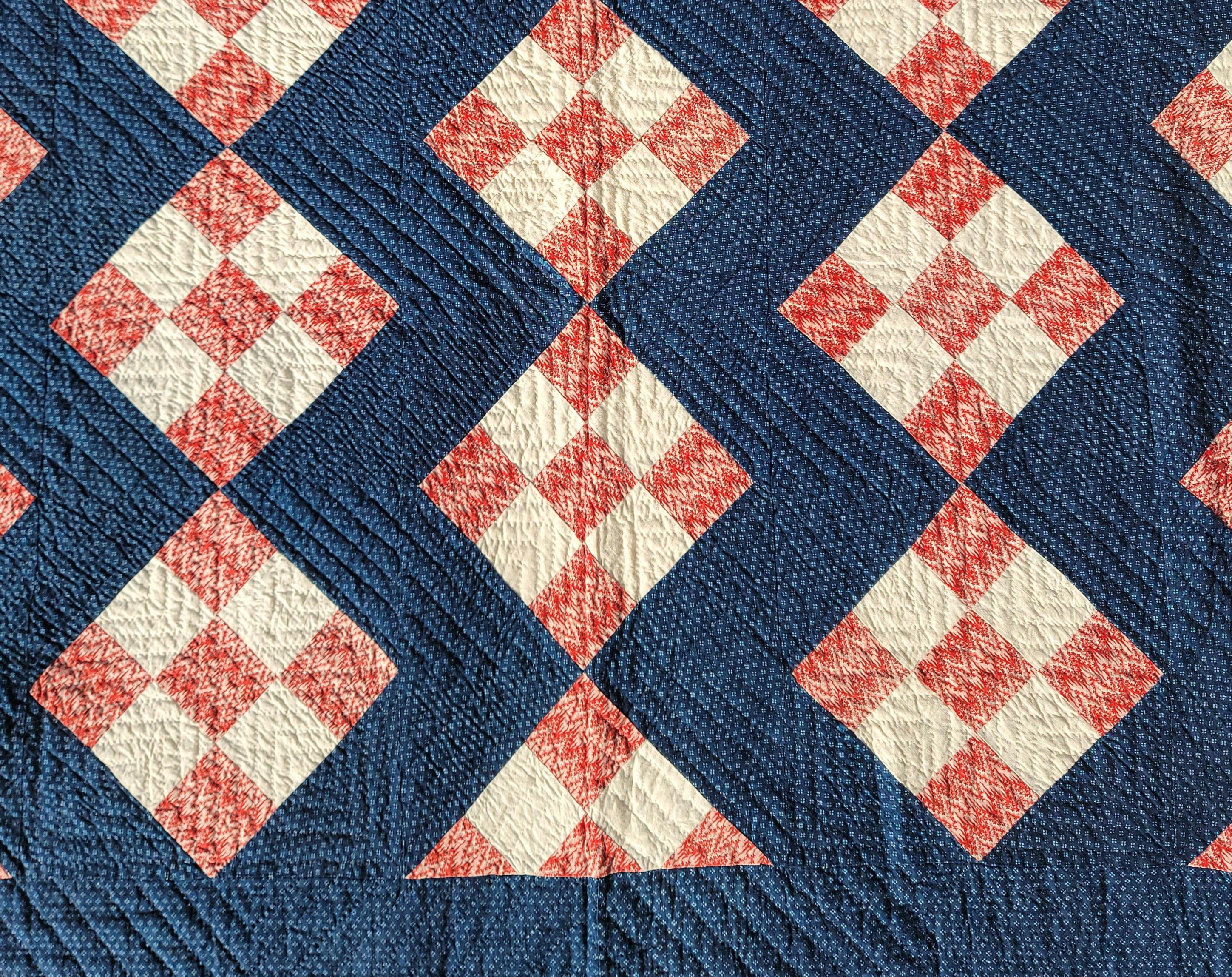 Country 19thc Early Nine Patch with Indigo Blue Ground Quilt For Sale