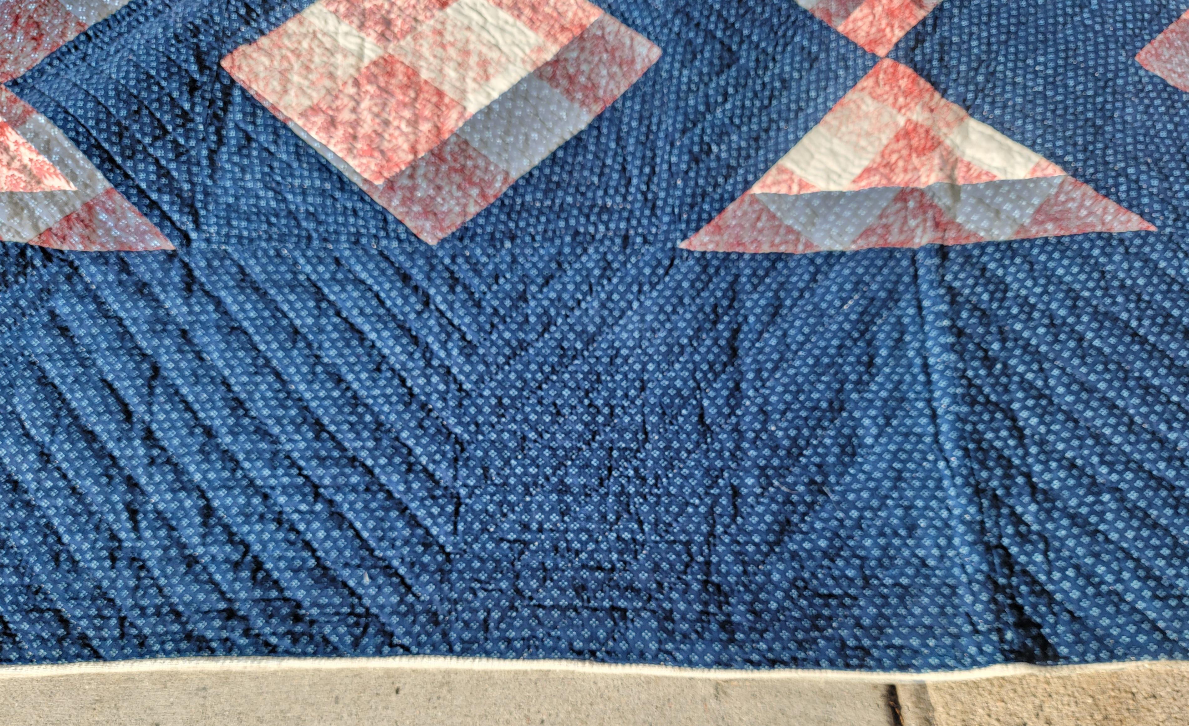 American 19thc Early Nine Patch with Indigo Blue Ground Quilt For Sale