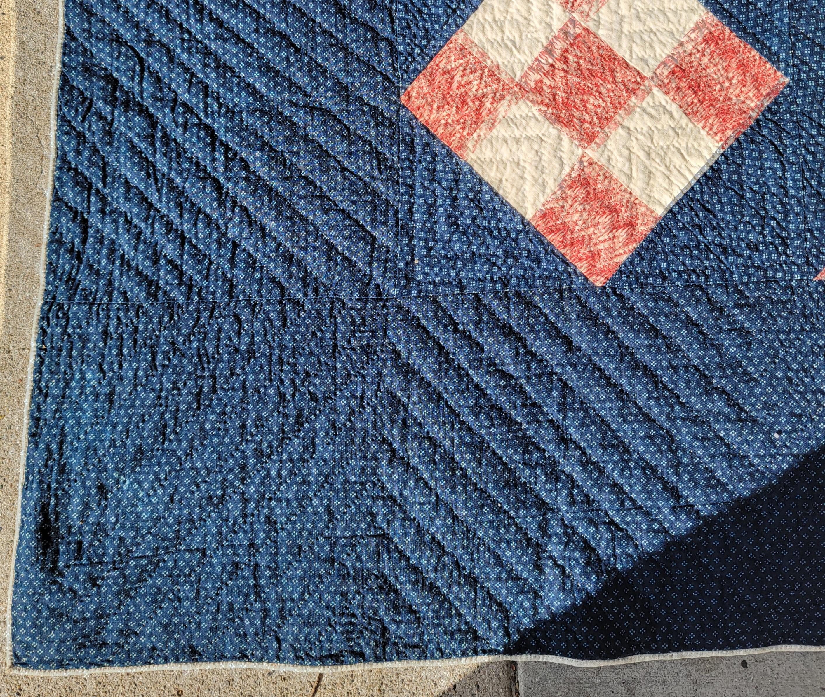 Hand-Crafted 19thc Early Nine Patch with Indigo Blue Ground Quilt For Sale
