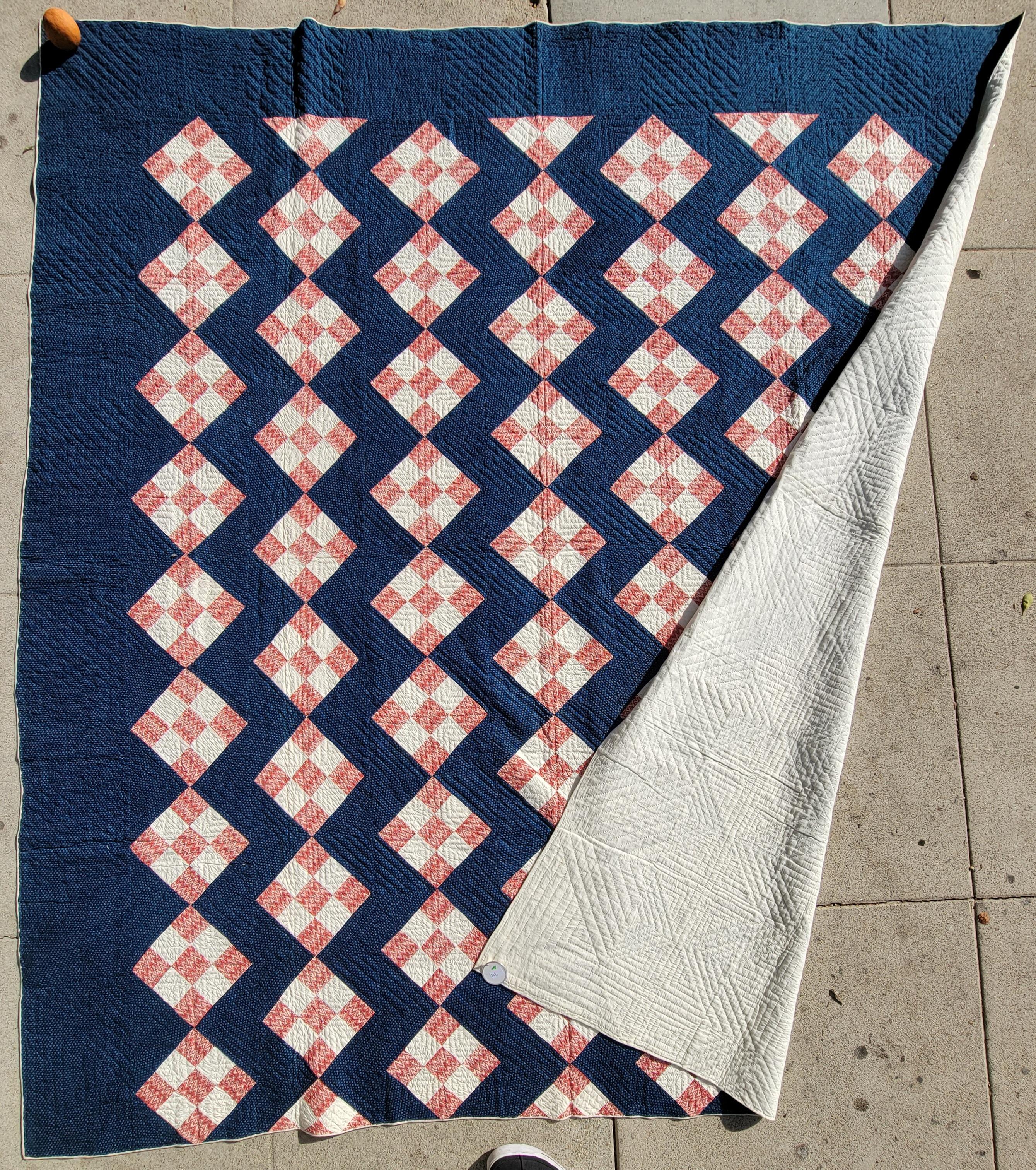 19th Century 19thc Early Nine Patch with Indigo Blue Ground Quilt For Sale