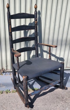19Thc Early Original Black Painted Ladder Back Rocking Chair