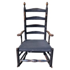 19Thc Early Original Black Painted Ladder Back Rocking Chair