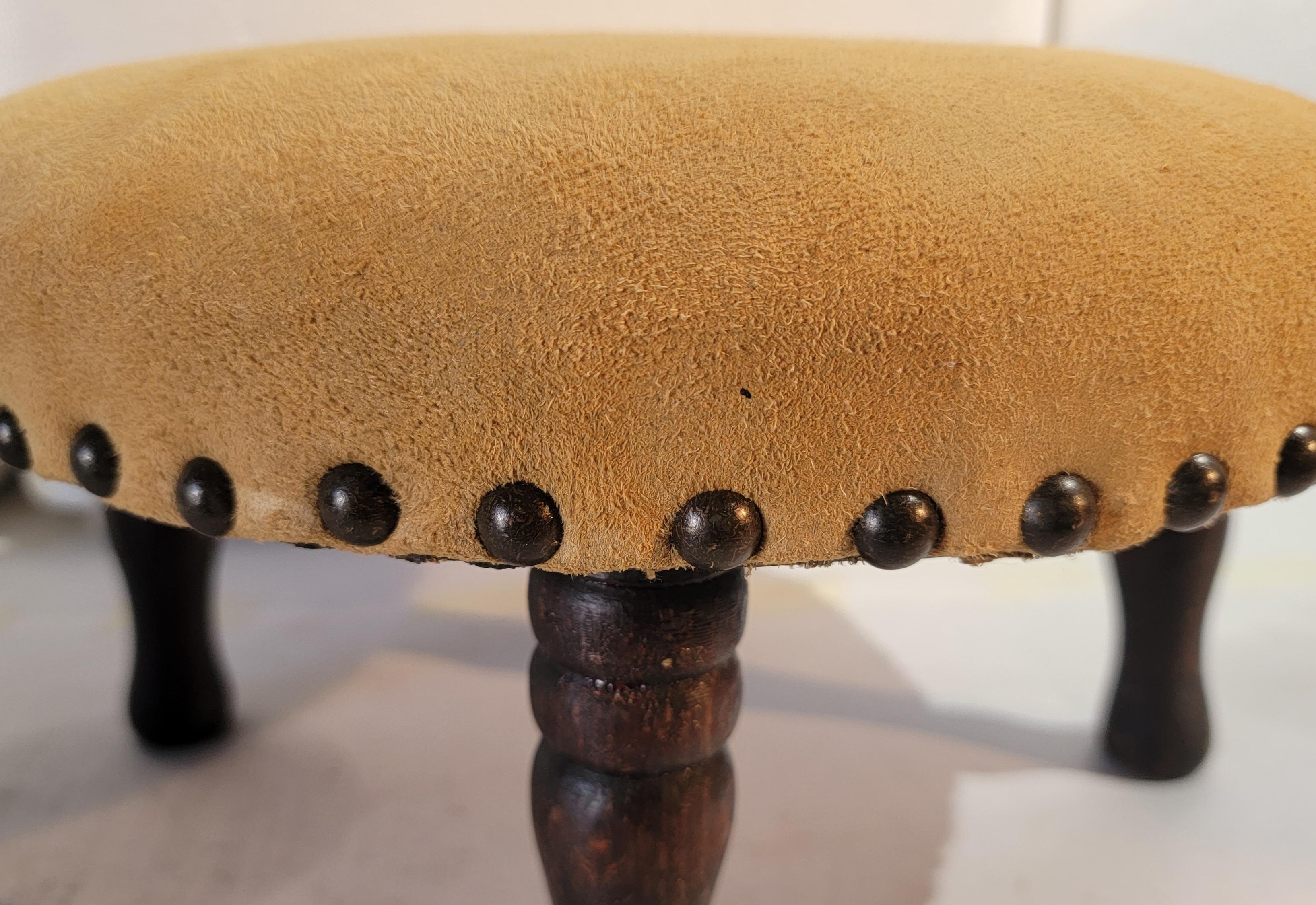 Adirondack 19thc Early Round Stool with Suede Seat For Sale