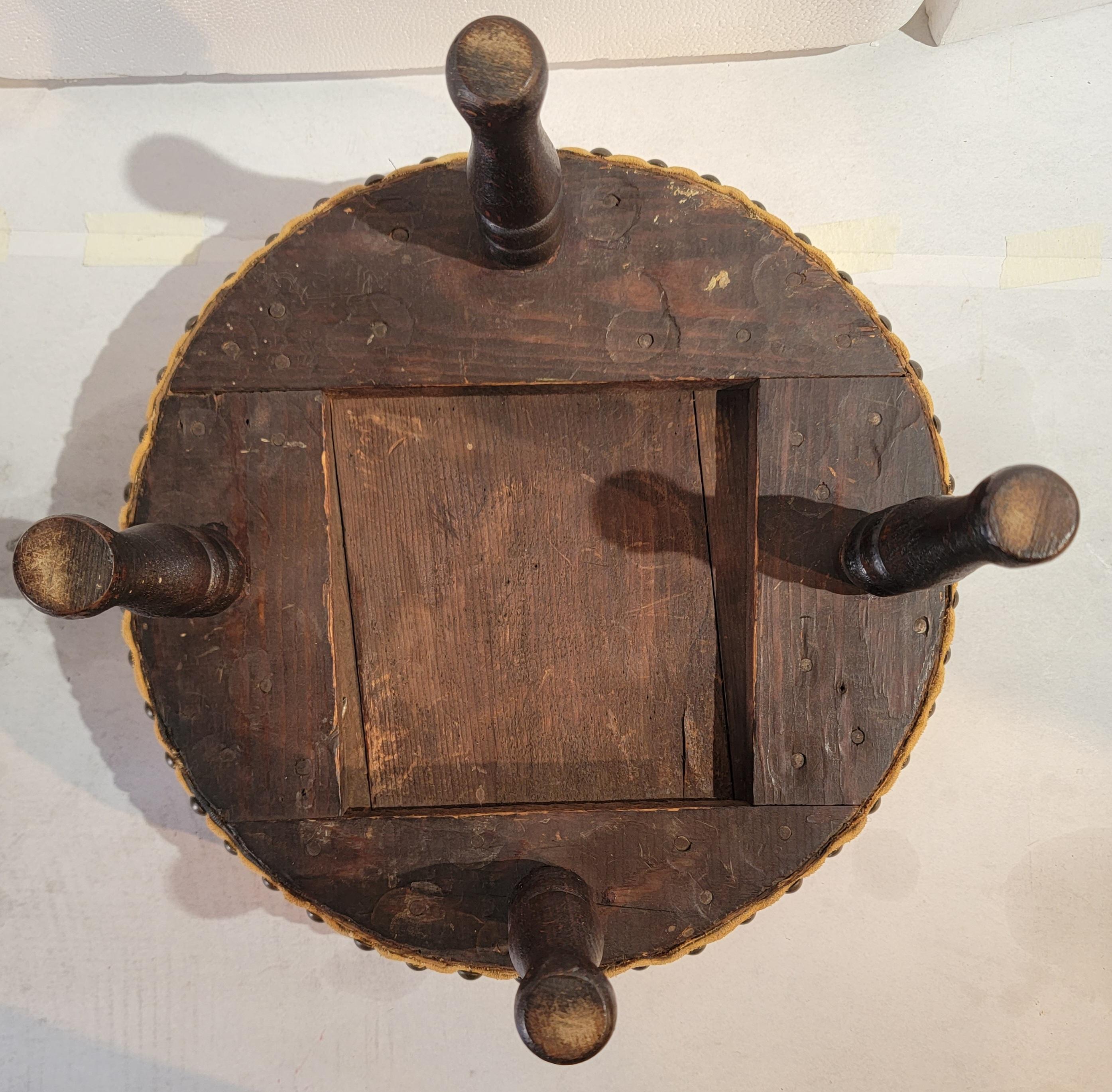 19thc Early Round Stool with Suede Seat In Good Condition For Sale In Los Angeles, CA