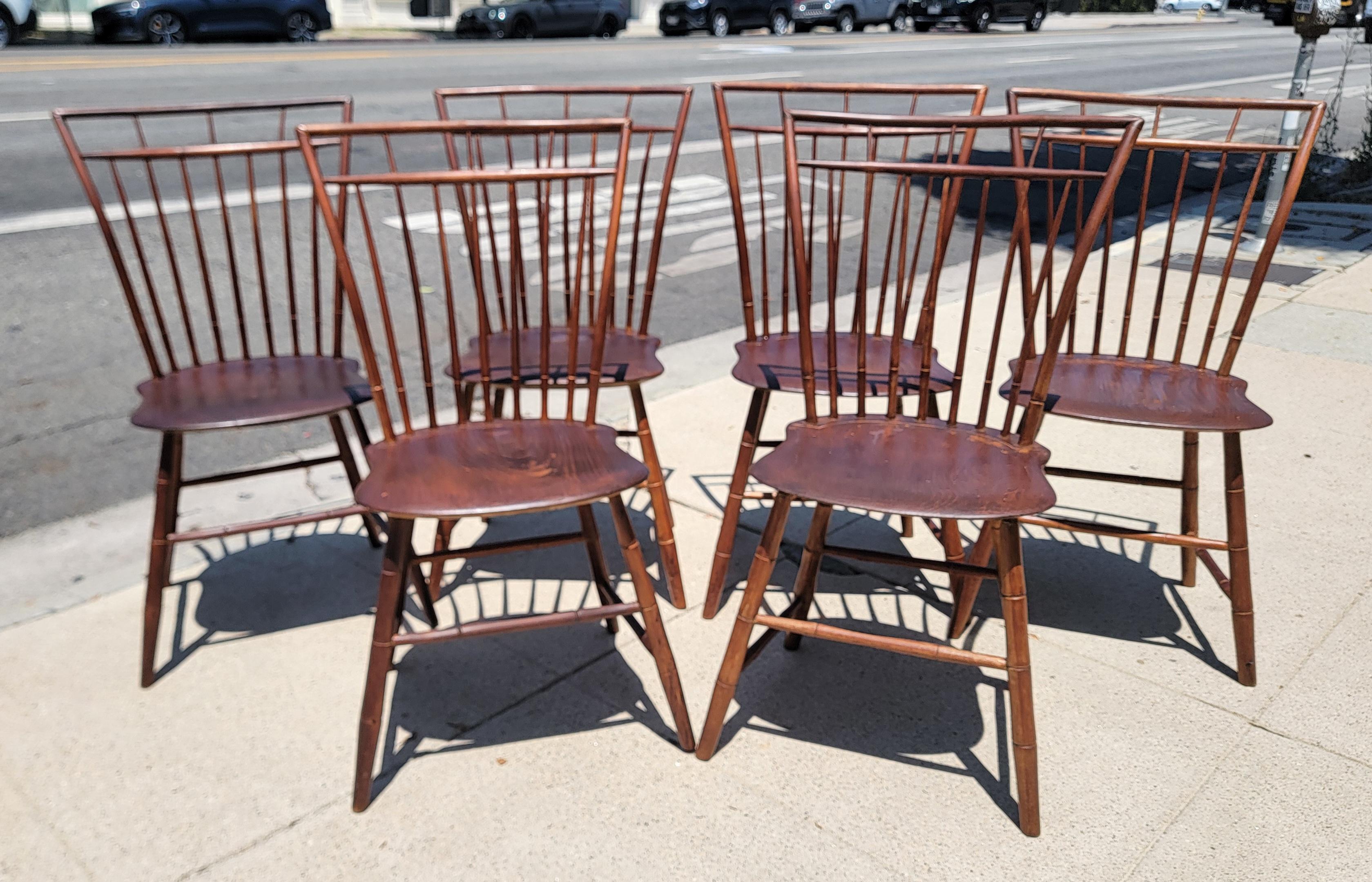 Early 19Thc New England birdcage Windsor chairs in fine condition.These early chairs have a wonderful mello patina.The condition is very good and strong & sturdy.Sold as a complete set of six matching chairs.