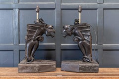 19th C Ebonised Carved Winged Serpent Gargoyle Table Lamps