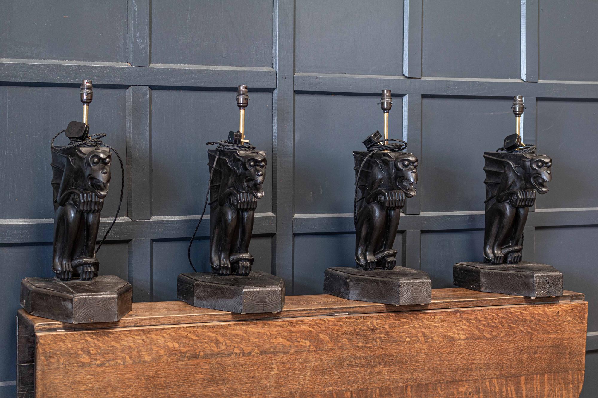 19th C Ebonised Carved Winged Serpent Gargoyle Table Lamps In Good Condition For Sale In Staffordshire, GB