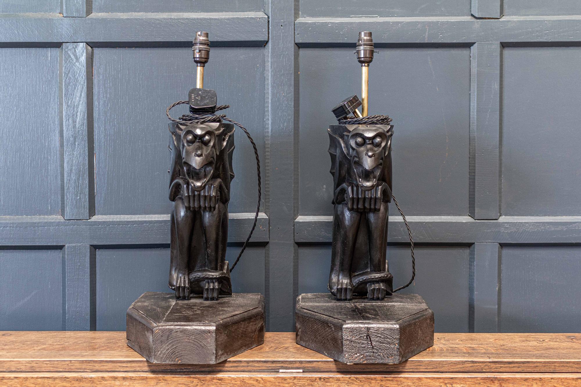 Hardwood 19th C Ebonised Carved Winged Serpent Gargoyle Table Lamps For Sale