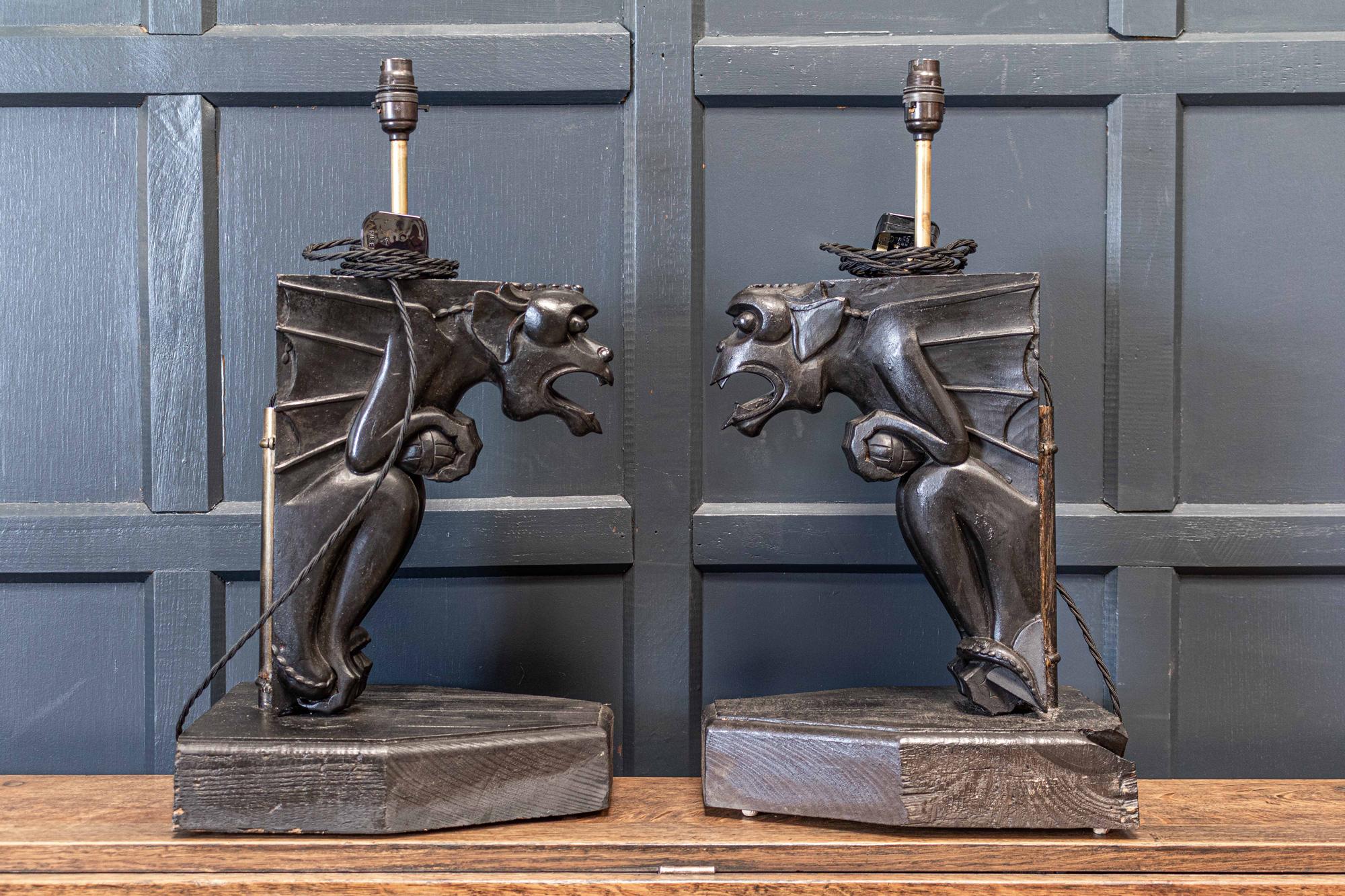 19th C Ebonised Carved Winged Serpent Gargoyle Table Lamps For Sale 1