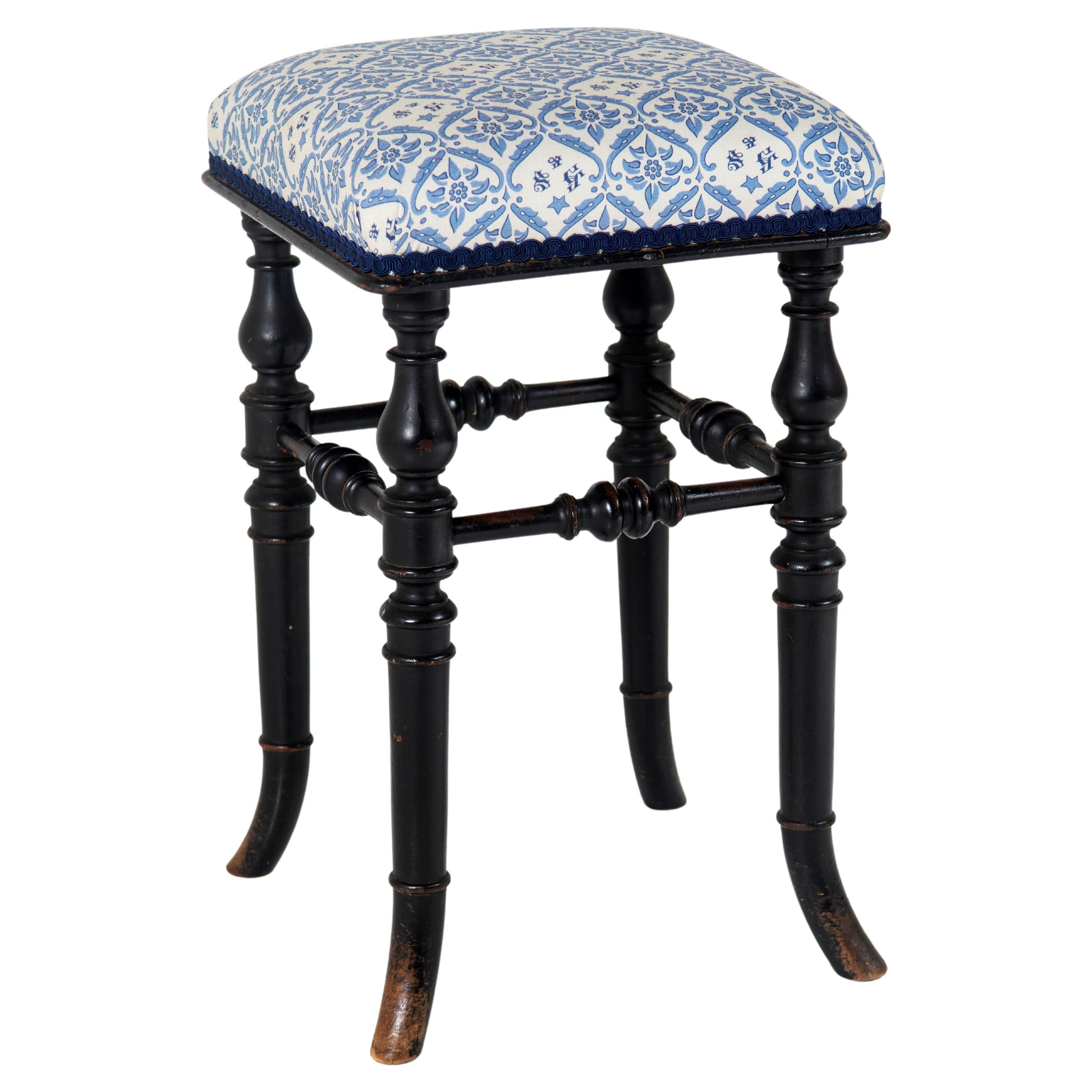 19thc Ebonised Piano Stool by Henry Brooks & Co London W/Howard & Son Upholstery For Sale