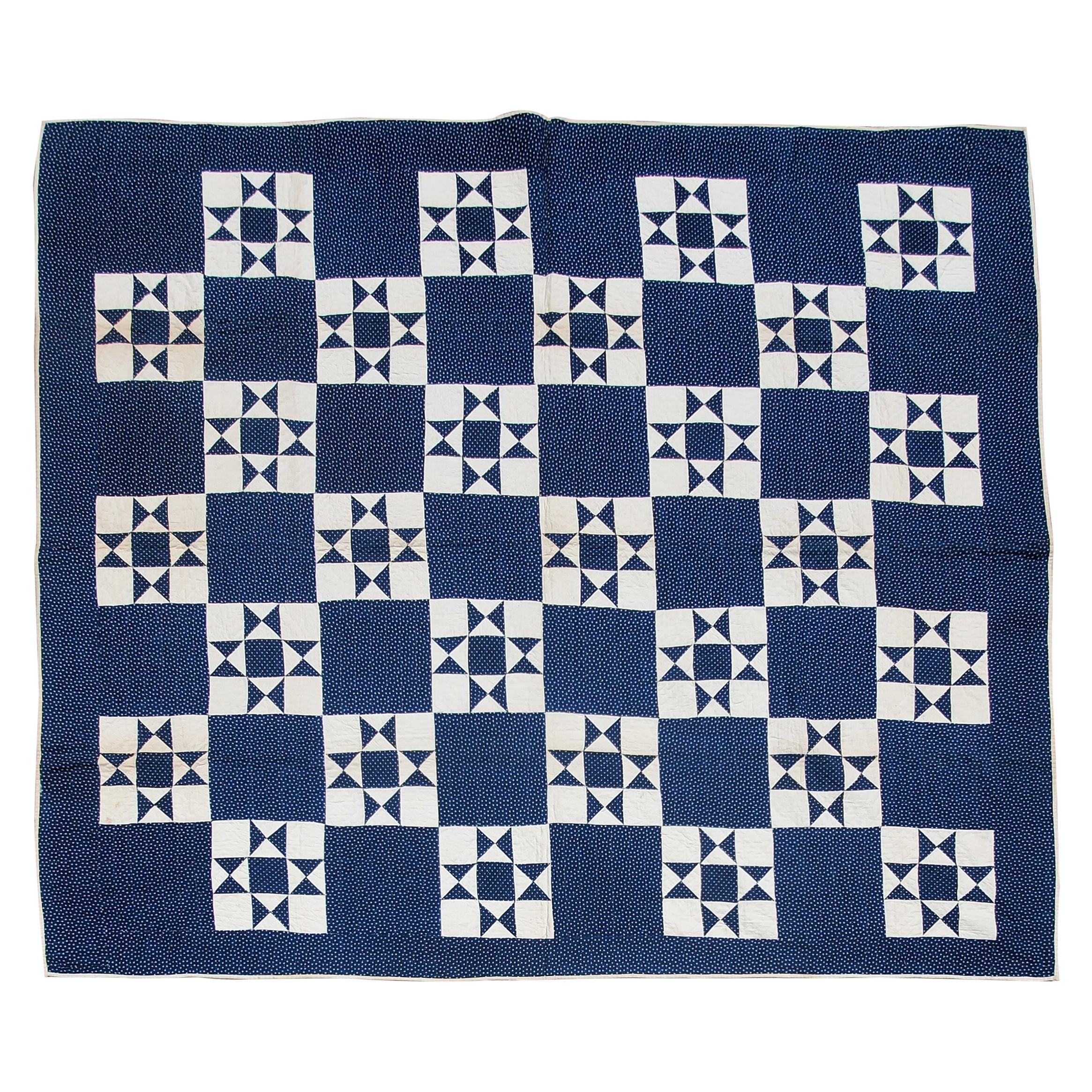 19thc Eight Point Indigo Star Quilt