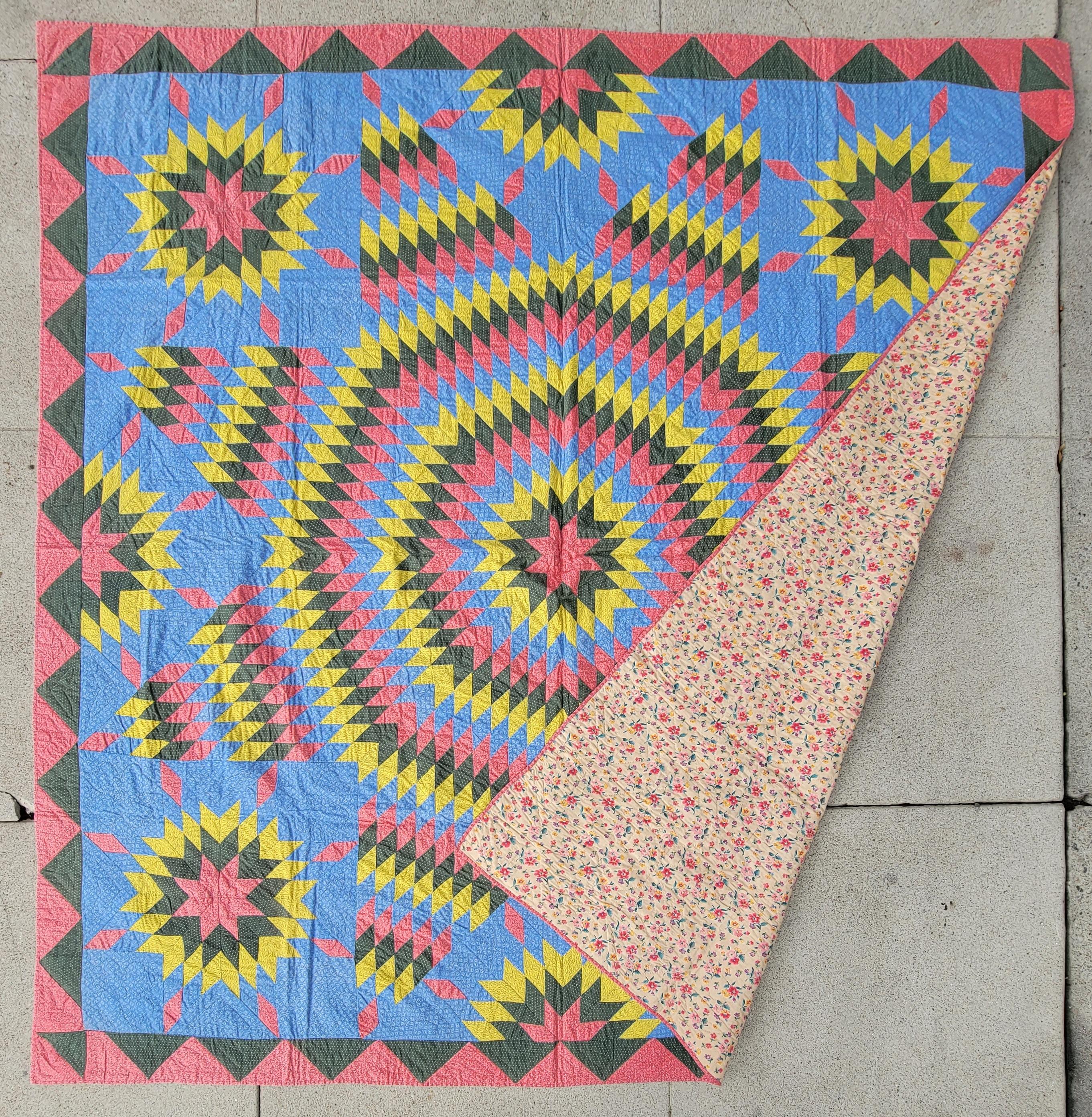 This fine 19thc Pennsylvania Berks County Pennsylvania eight point star with surrounding star bursts and an amazing double saw tooth border.This quilt is in amazing and unused condition.