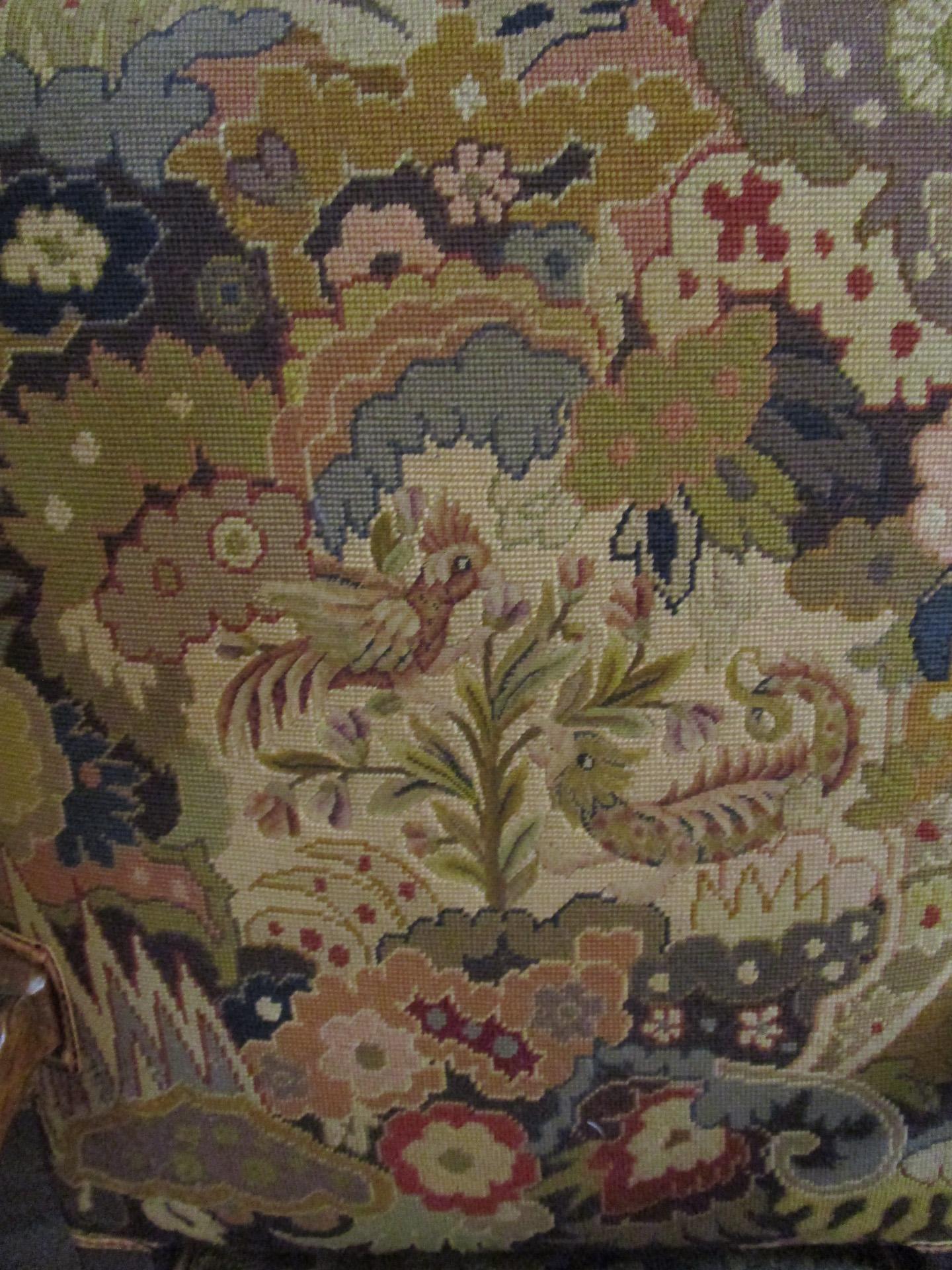 Needlepoint 19thc English Armchair w/Acanthus Leaf Carving & Needle & Petit Point Upholstery