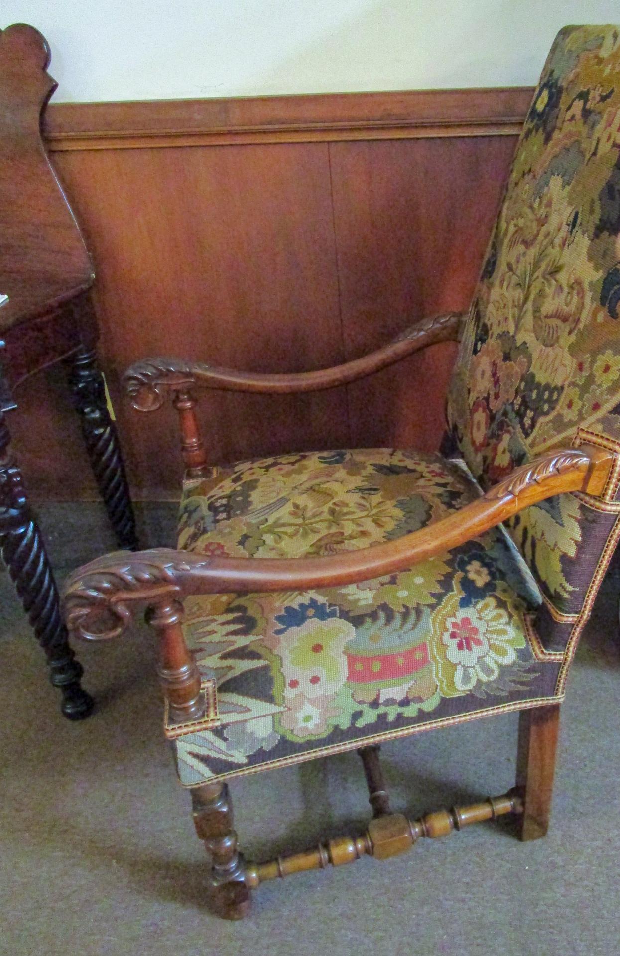19thc English Armchair w/Acanthus Leaf Carving & Needle & Petit Point Upholstery In Good Condition In Savannah, GA