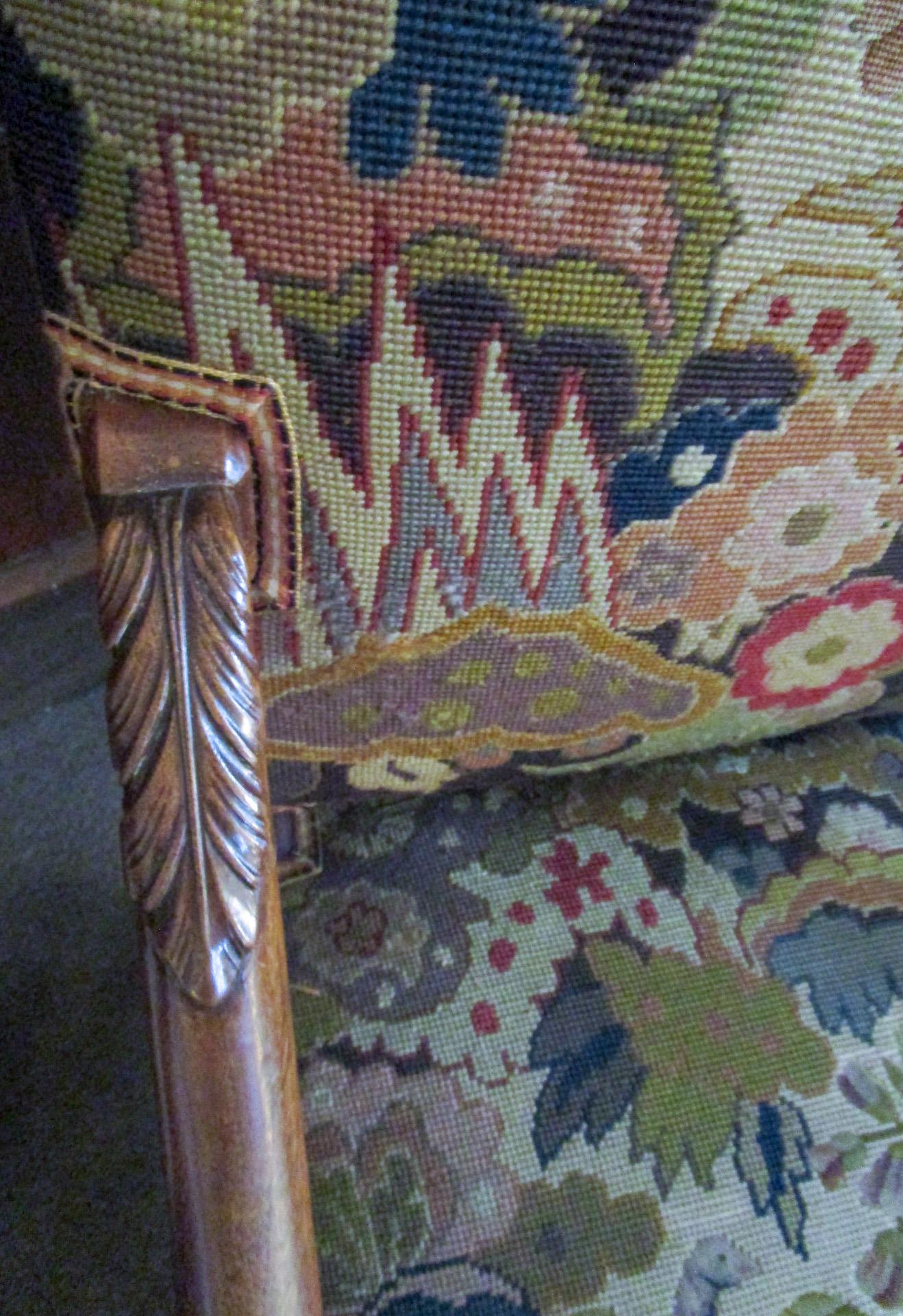 Oak 19thc English Armchair w/Acanthus Leaf Carving & Needle & Petit Point Upholstery