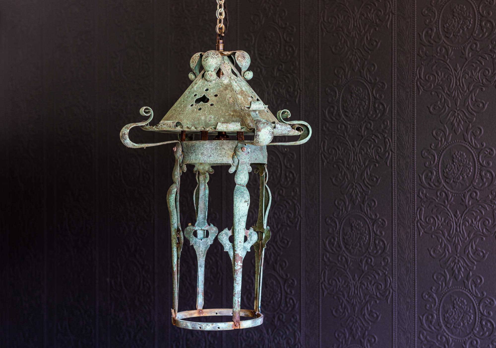 Lanterne Art Nouveau anglaise du 19ème siècle en vert-de-gris en vente 1