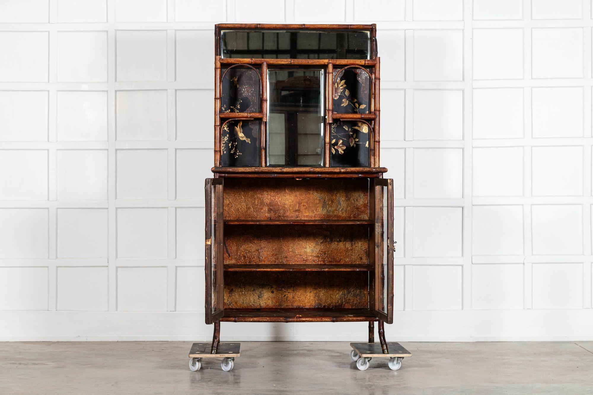 circa 1870
sku 2057
19thC English Bamboo & Lacquered Chinoiserie Cabinet

W102 x D56 x H195 cm
Internal shelf depth 45.5 cm
Weight 54Kg