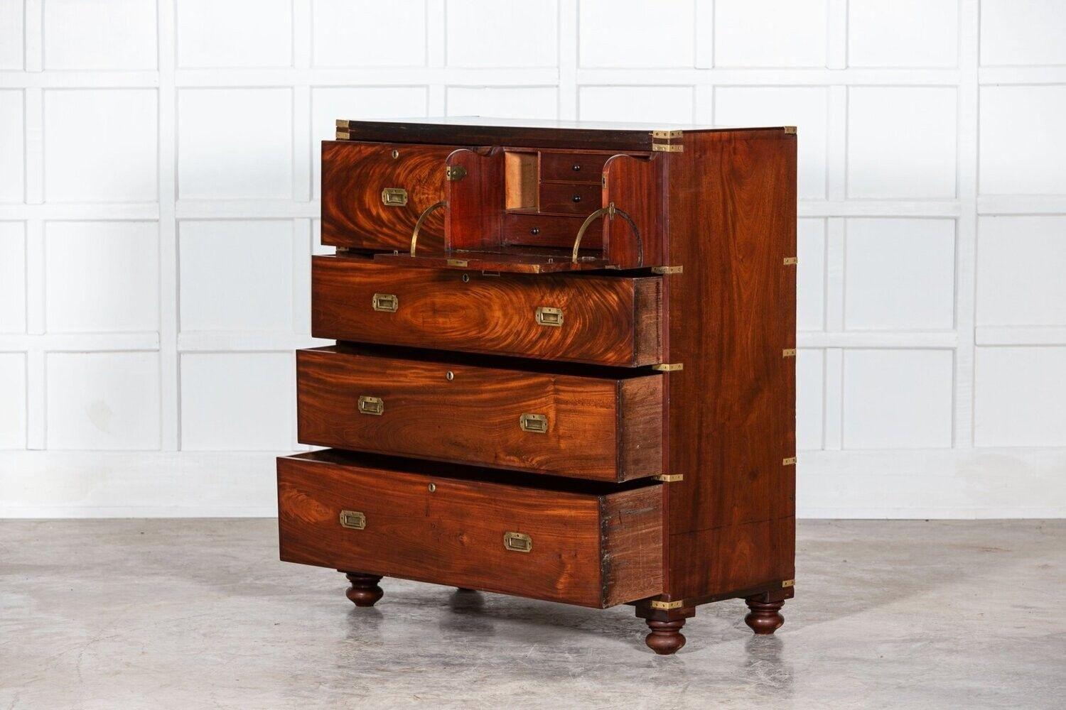 19thC English Campaign Mahogany Secretaire Chest Drawers In Good Condition In Staffordshire, GB