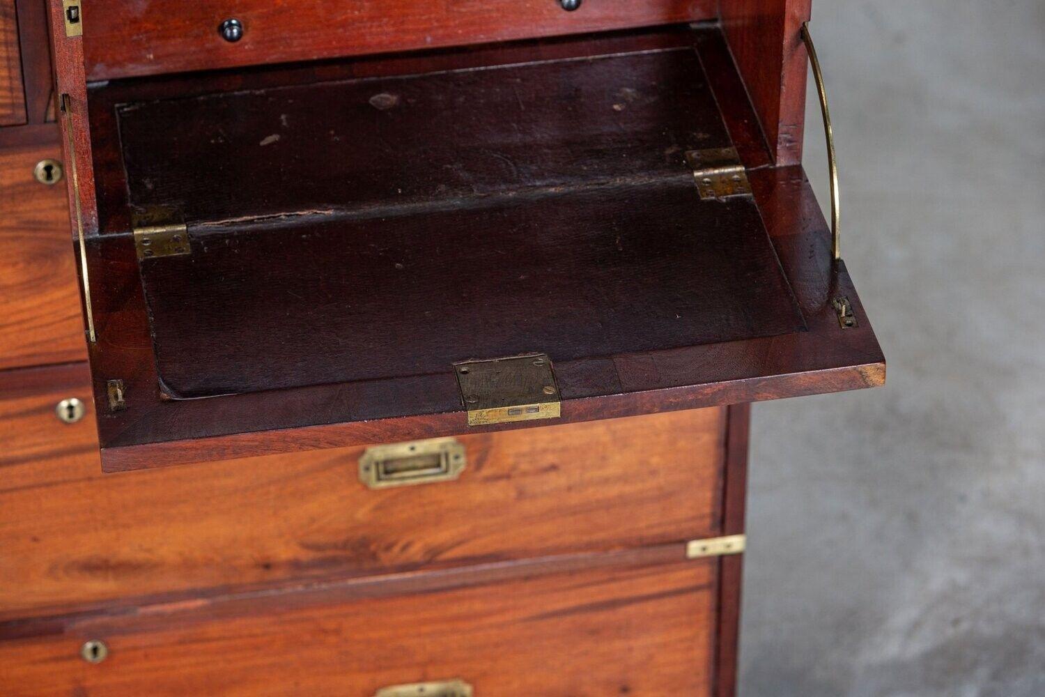 19th Century 19thC English Campaign Mahogany Secretaire Chest Drawers